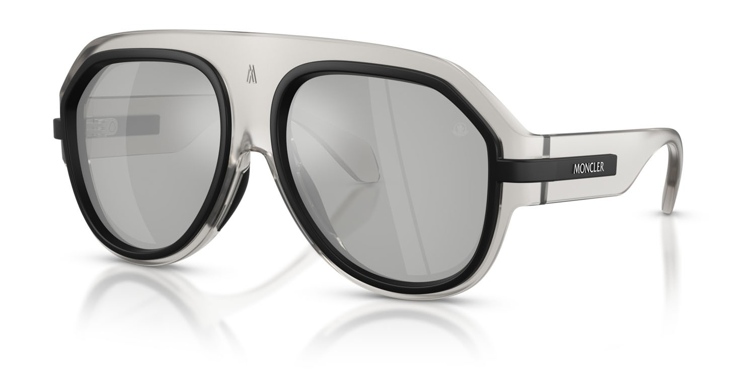 Sunglasses Moncler Fynder ME 8012U (50078V) color grigio opaco trasparente shape aviator lenses argento a specchio