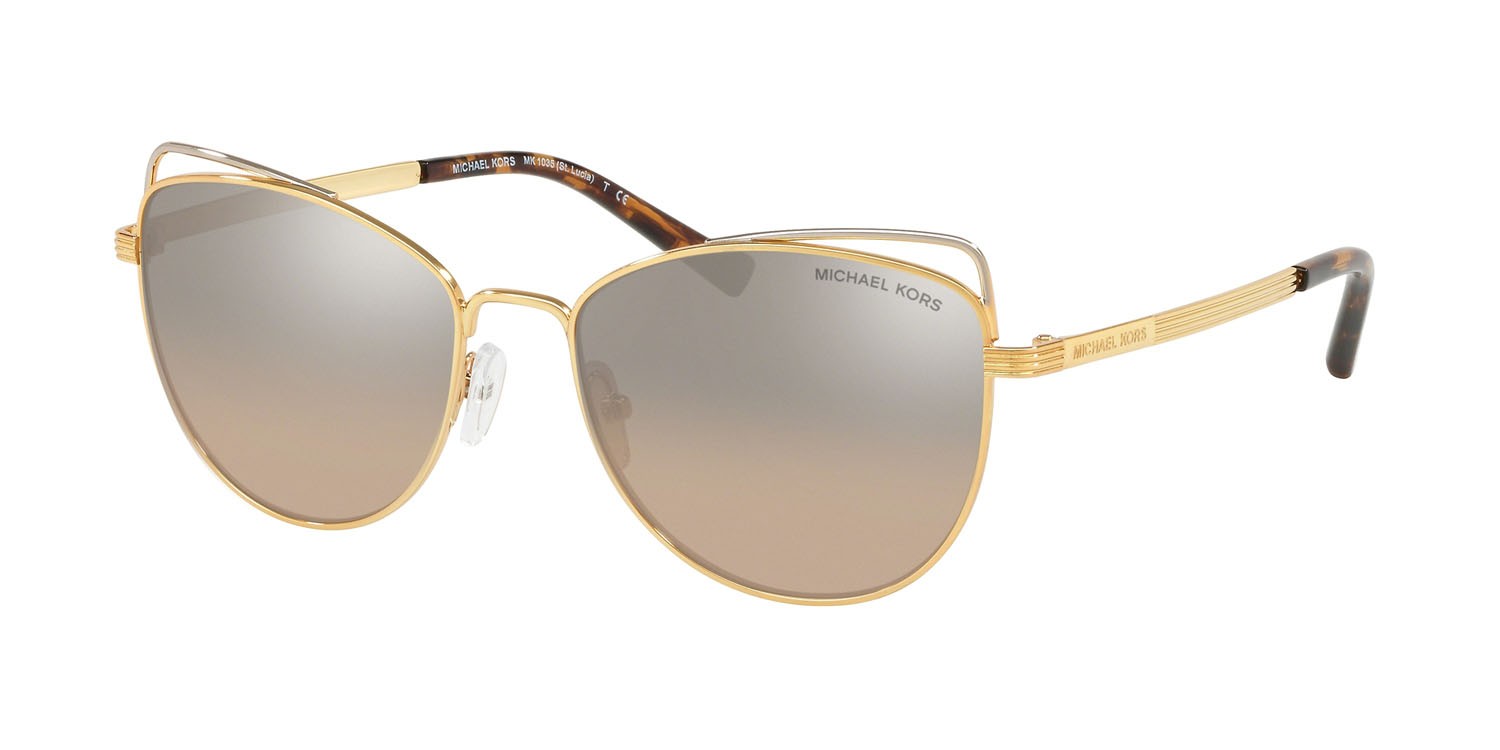 Sonnenbrillen Michael Kors St. Lucia MK 1035 (12128Z) farbe oro chiaro form cat-eye gläser flash argento e cachi