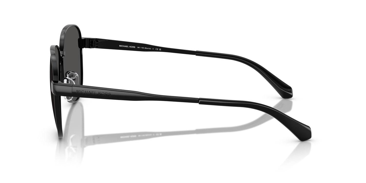 Occhiali da sole Michael Kors Biarritz MK 1160 (100587) colore nero lucido forma aviator lenti grigio scuro tinta unita