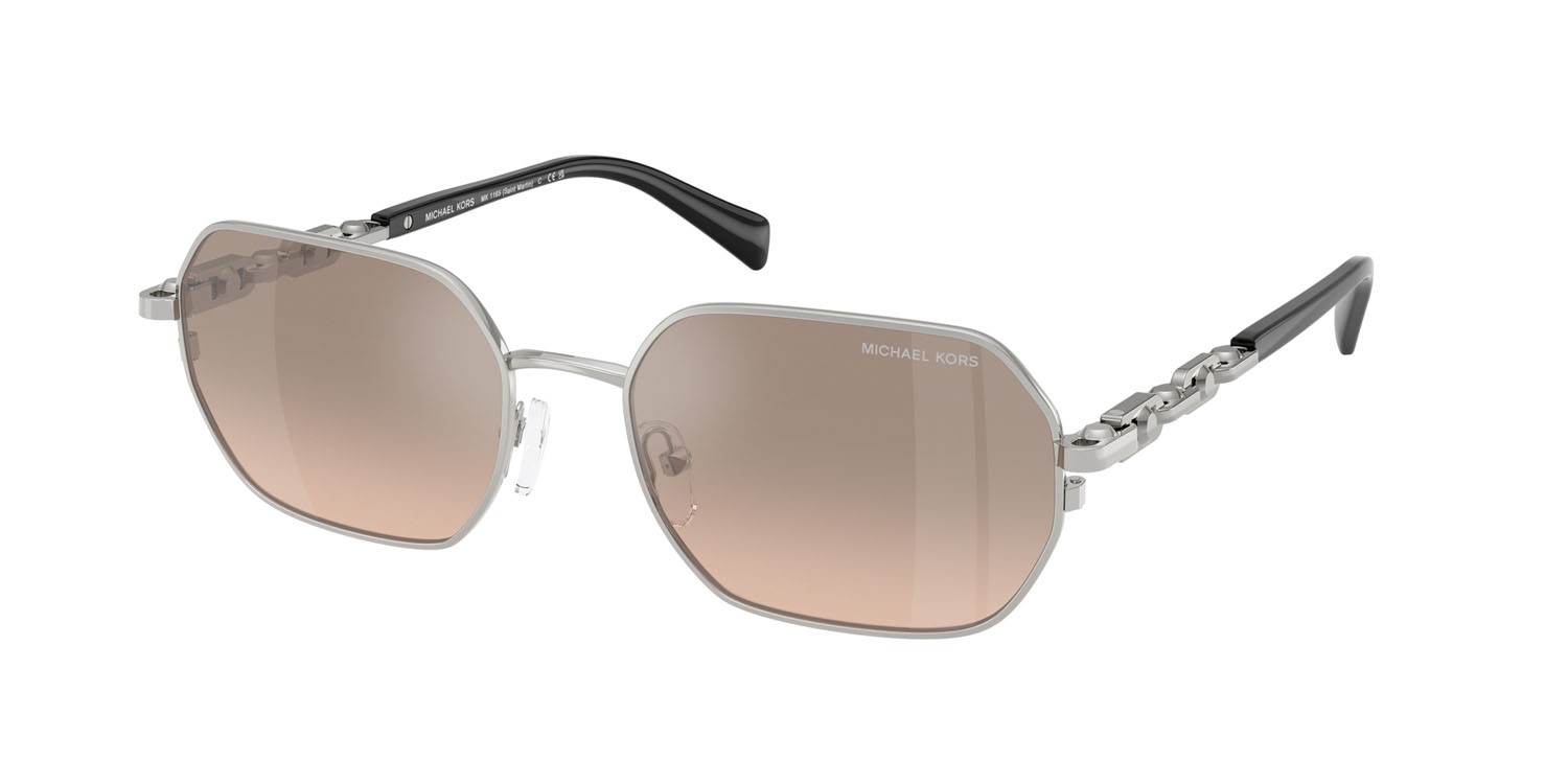 Occhiali da sole Michael Kors Saint Martin MK 1165 (18933D) colore argento lucido forma irregolare lenti kaki argento sfumato