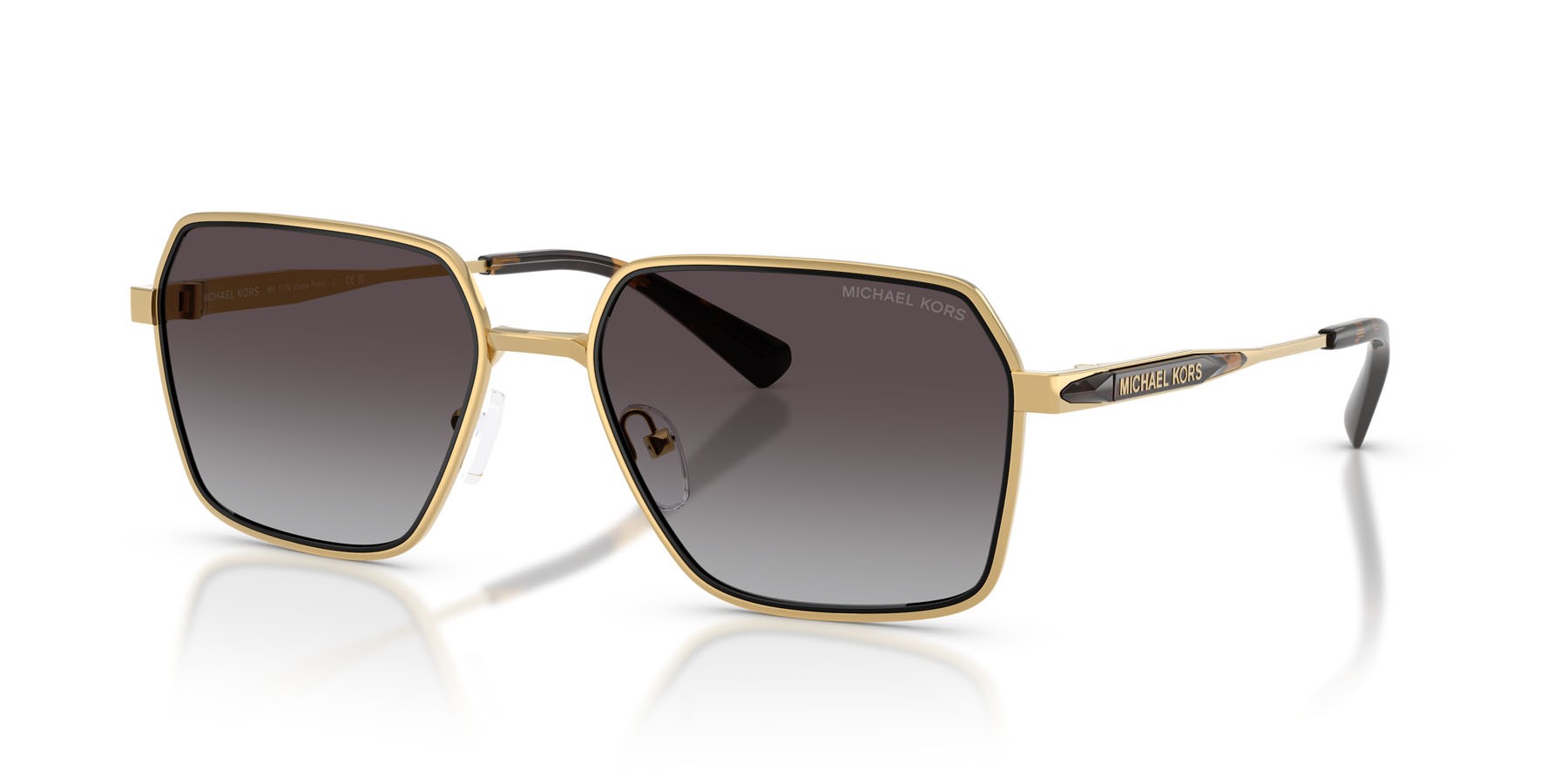 Occhiali da sole Michael Kors Dana Point MK 1176 (18963C) colore shiny yellow gold forma quadrato lenti grigio scuro sfumato