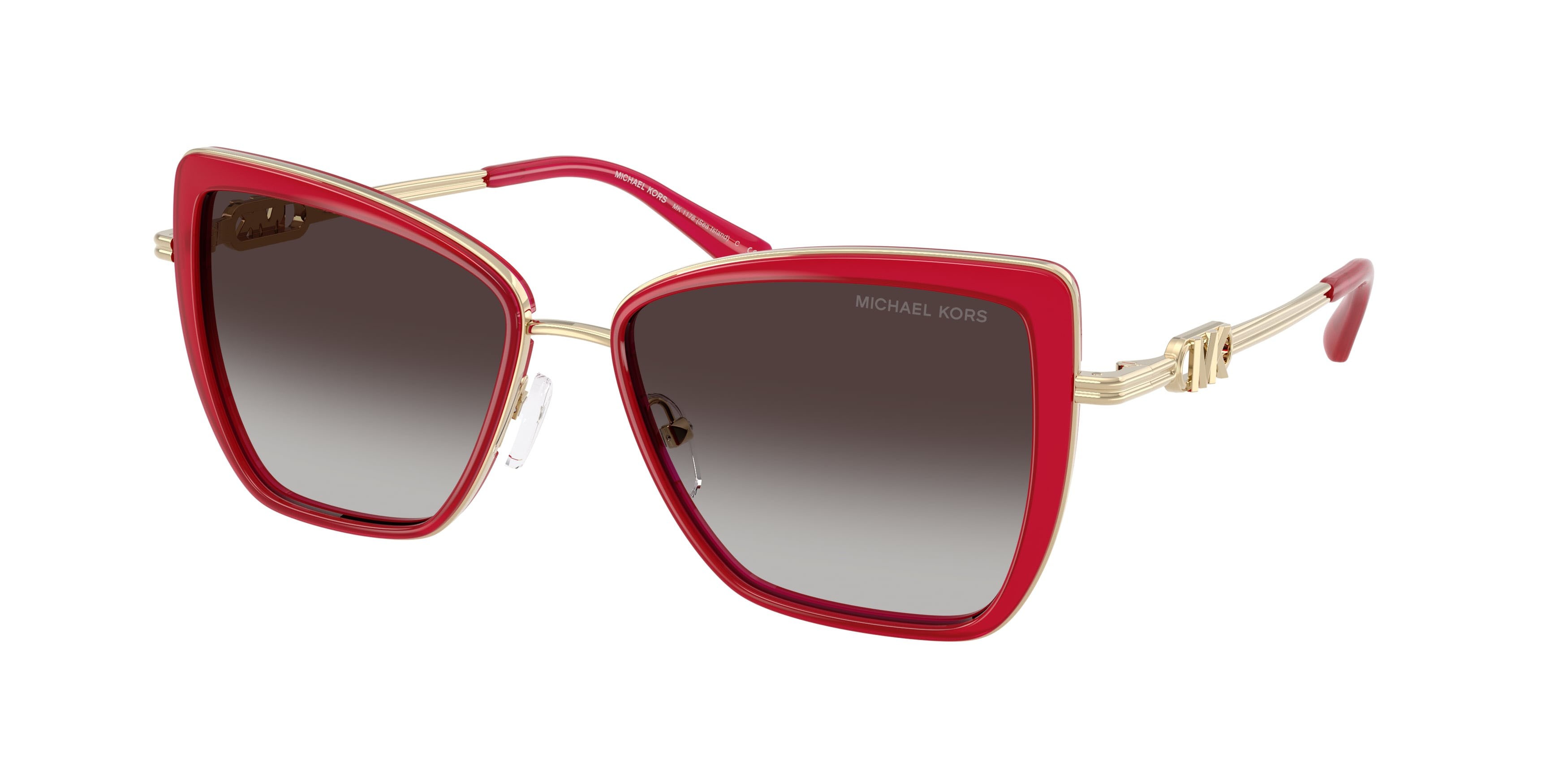 Occhiali da sole Michael Kors Sea Island MK 1178 (40578G) colore lampone forma farfalla lenti grigio chiaro sfumato nero