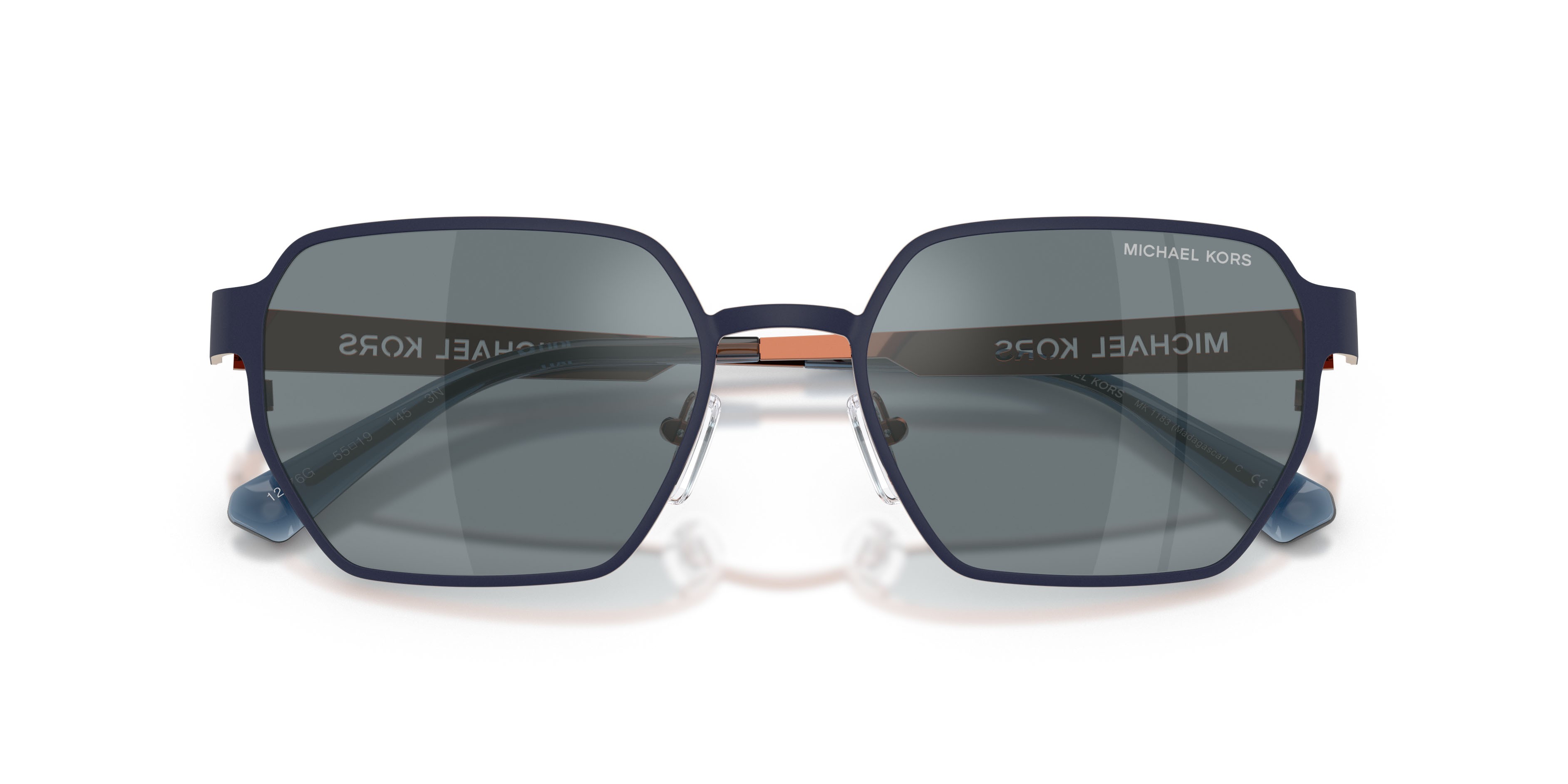 Occhiali da sole Michael Kors Madagascar MK 1183 (12076G) colore blu navy forma irregolare lenti grigio