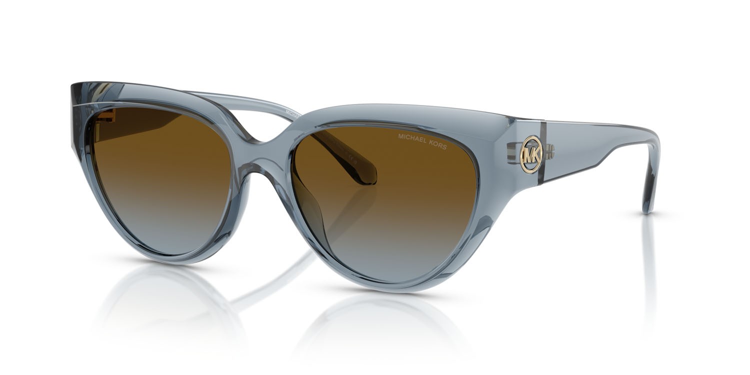 Occhiali da sole Michael Kors Boca Raton MK 2241U (401413) colore denim trasparente forma cat eye lenti marrone sfumato blu