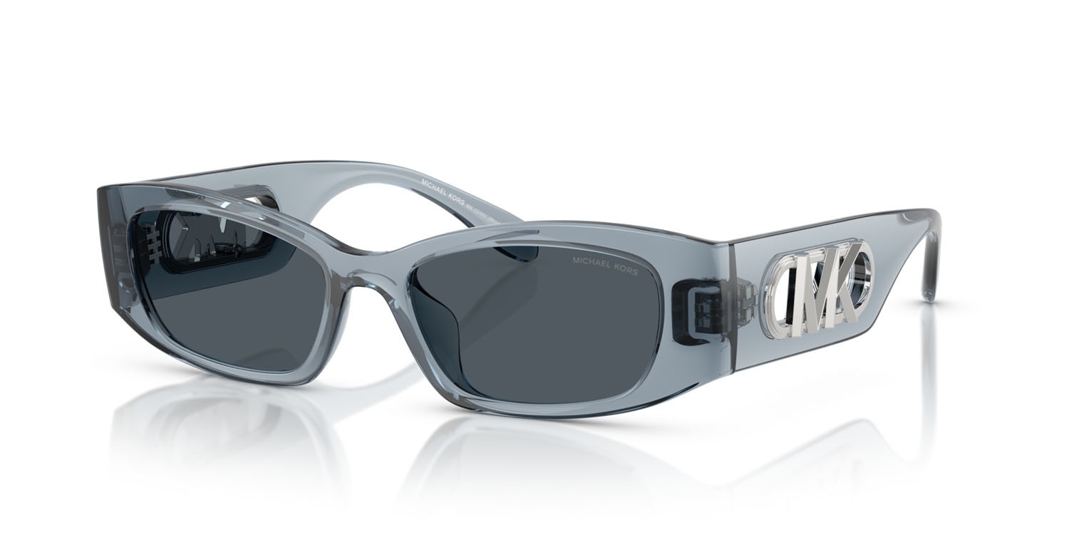 Occhiali da sole Michael Kors Rhodes MK 2243U (401487) colore denim trasparente forma irregolare lenti grigio-blu tinta unita