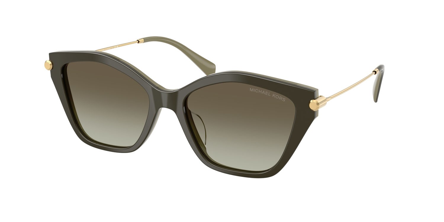 Occhiali da sole Michael Kors Catskills MK 2246U (40193M) colore verde oliva effetto fume forma irregolare lenti verde oliva sfumato