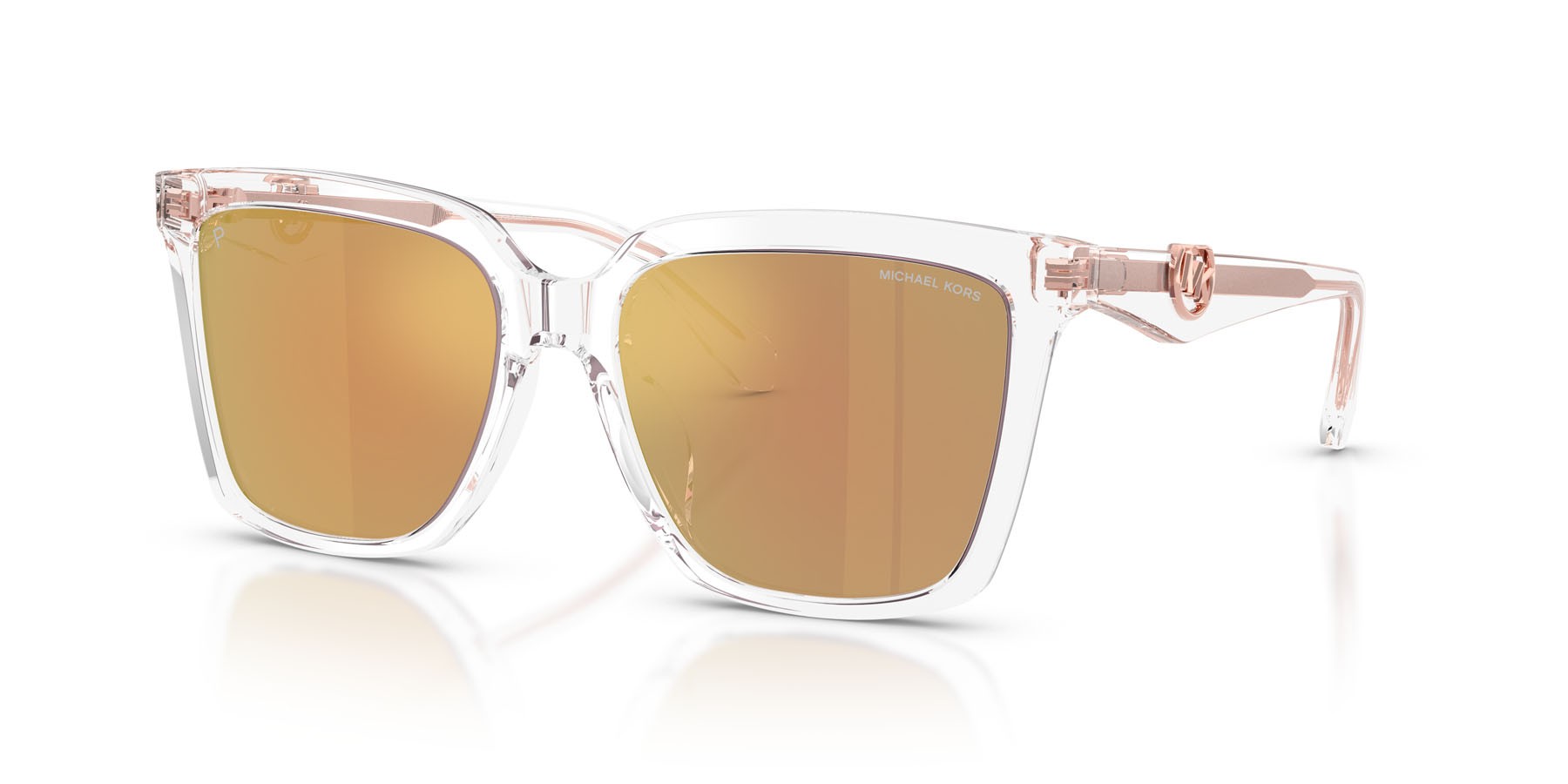 Occhiali da sole Michael Kors Menaggio MK 2256U (3015N0) colore cristallo forma quadrato lenti polarizzata oro rose a specchio