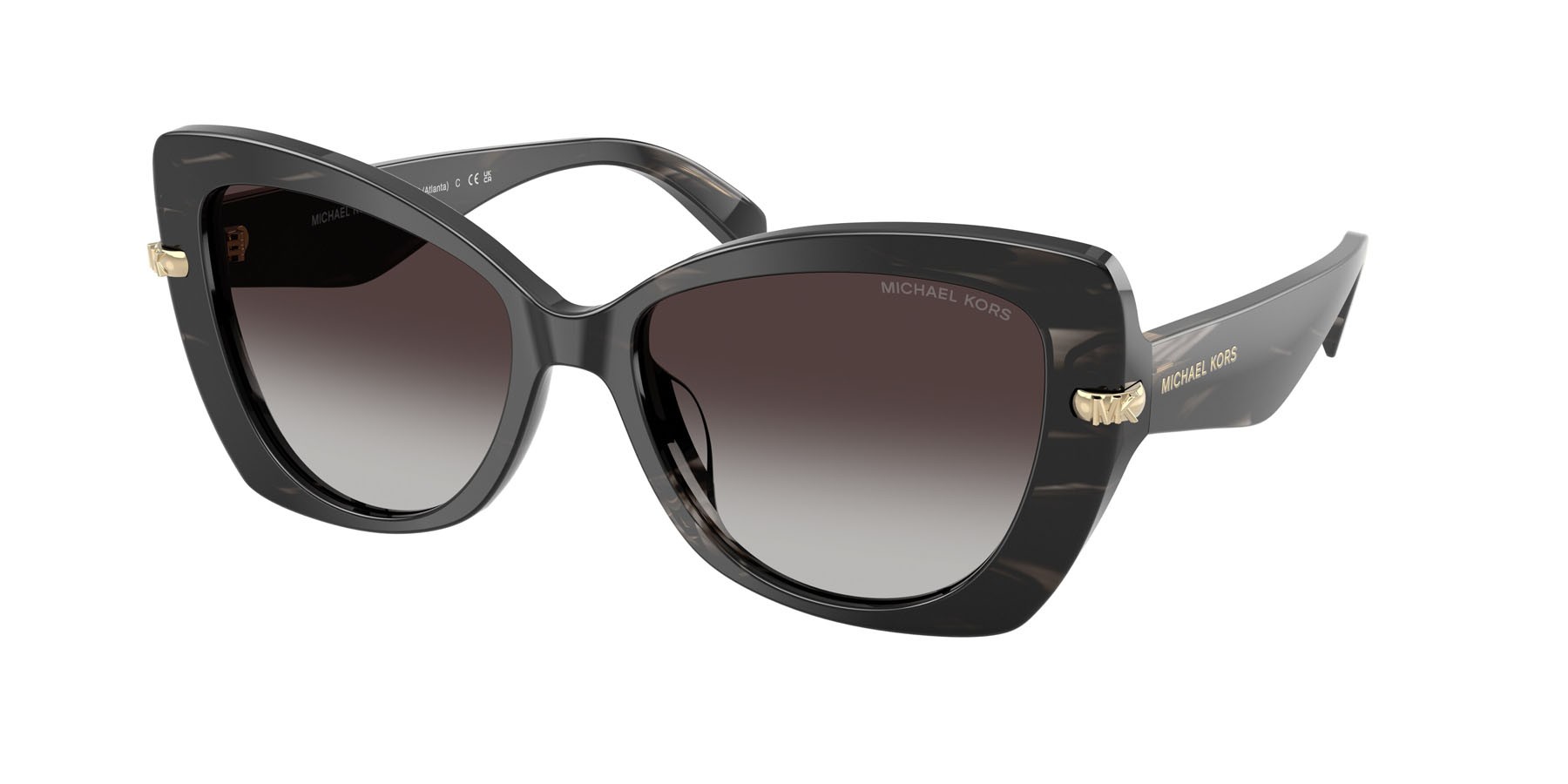Occhiali da sole Michael Kors Atlanta MK 2258U (40348G) colore corno nero forma farfalla lenti grigio chiaro sfumato