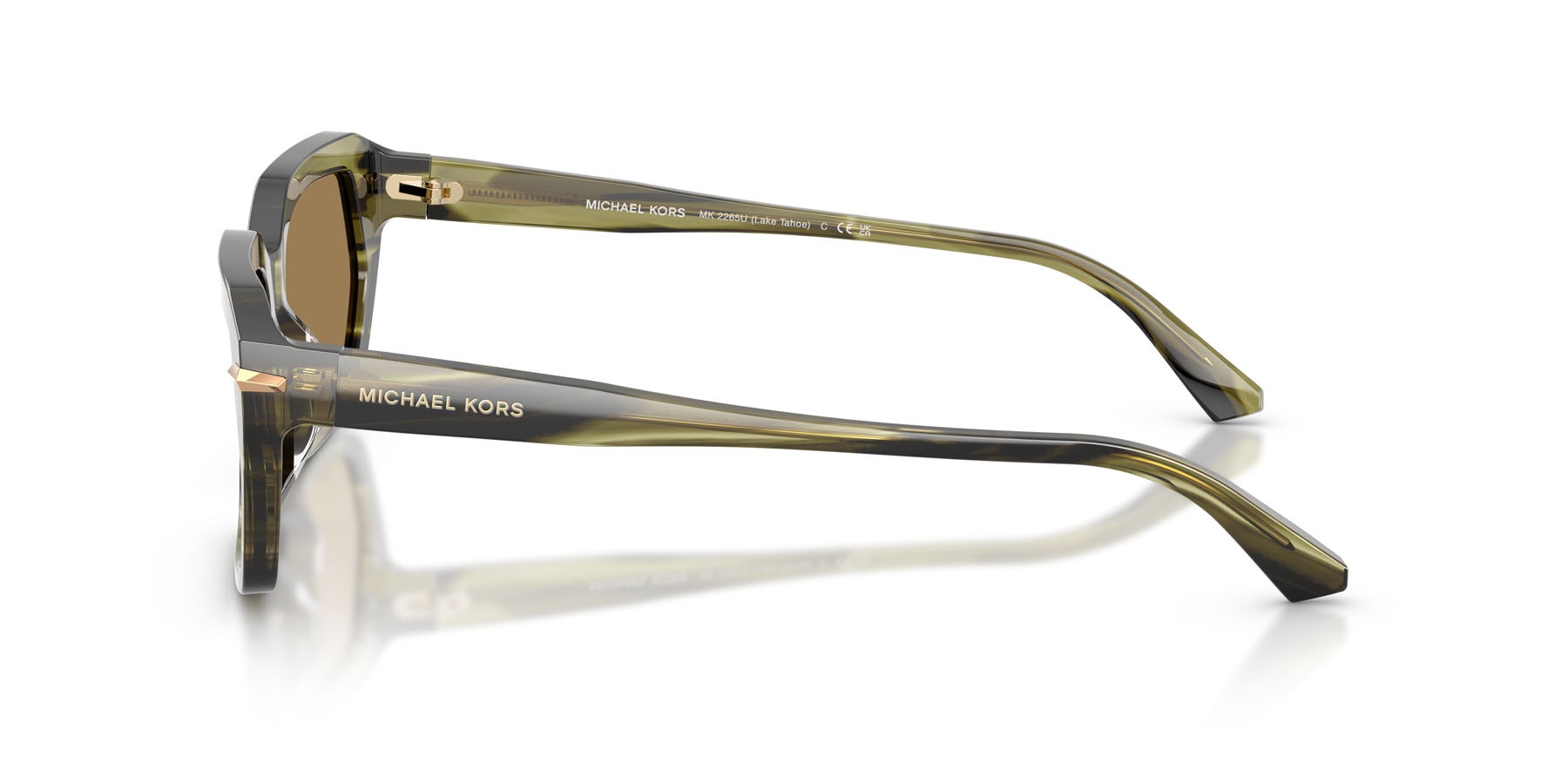 Occhiali da sole Michael Kors Lake Tahoe MK 2265U (40407I) colore verde oliva effetto corno forma rettangolare lenti marrone specchiato argento
