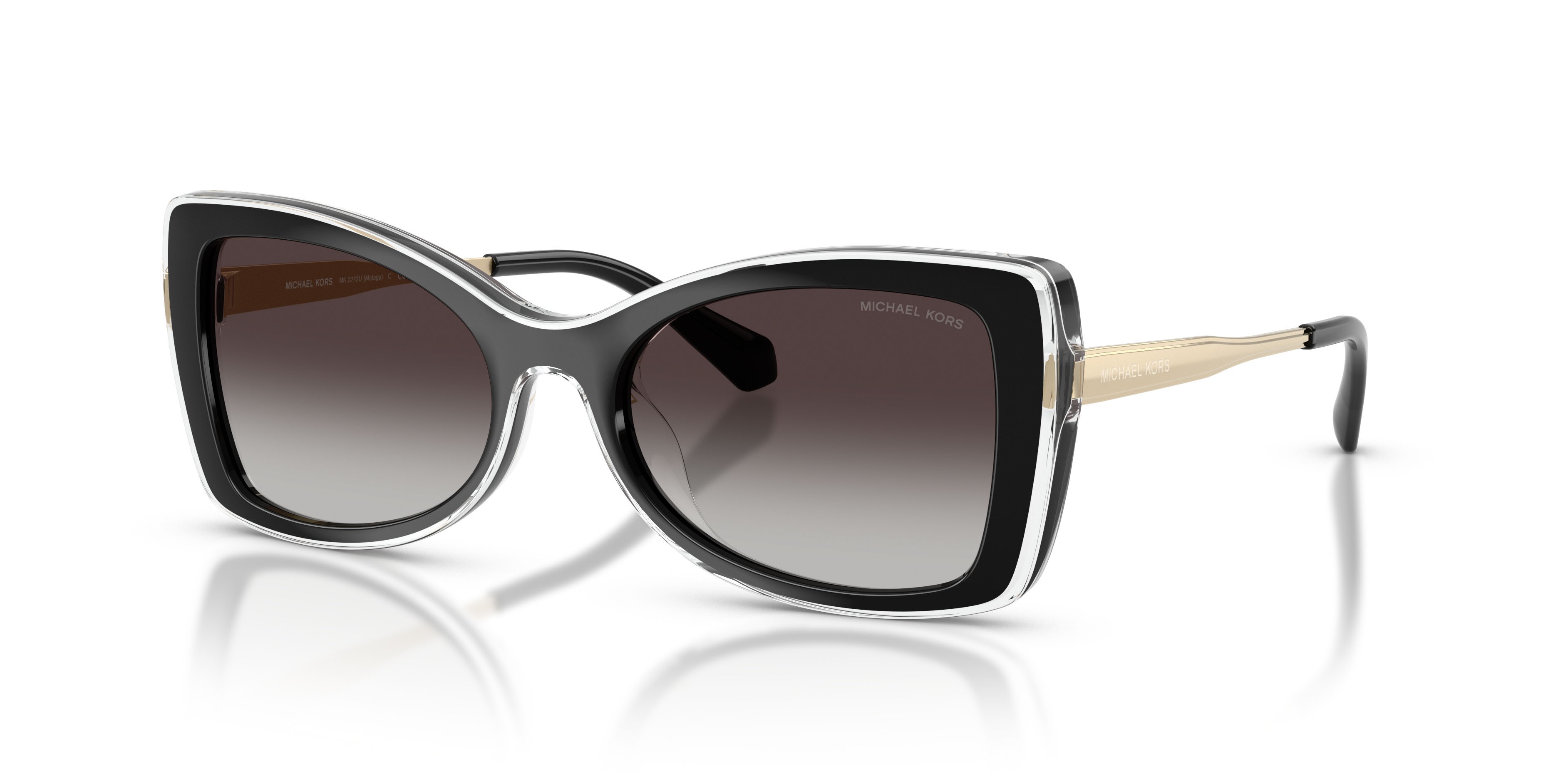 Occhiali da sole Michael Kors Malaga MK 2272U (30058G) colore nero forma farfalla lenti grigio chiaro sfumato nero