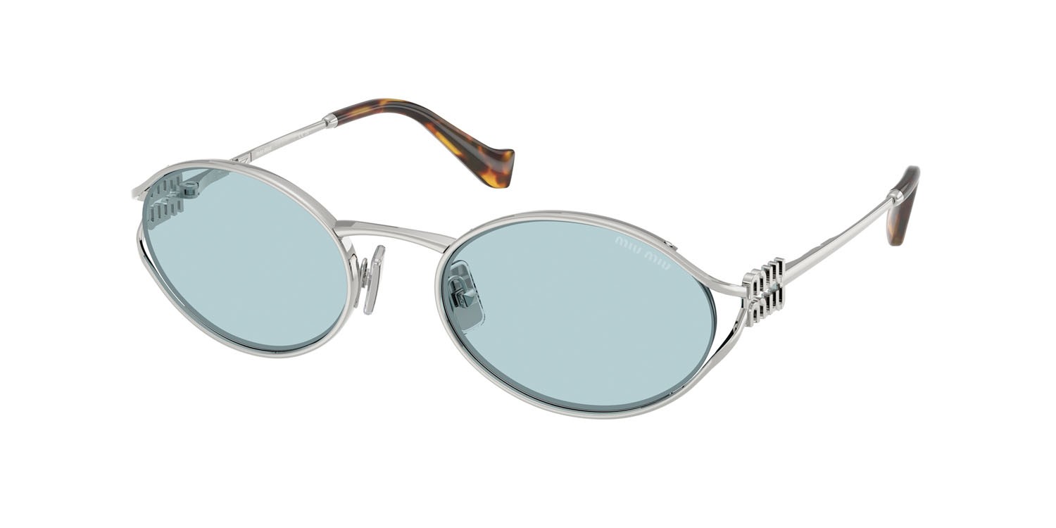 Occhiali da sole Miu Miu MU 52YS (1BC20R) colore argento forma ovale lenti azzurro