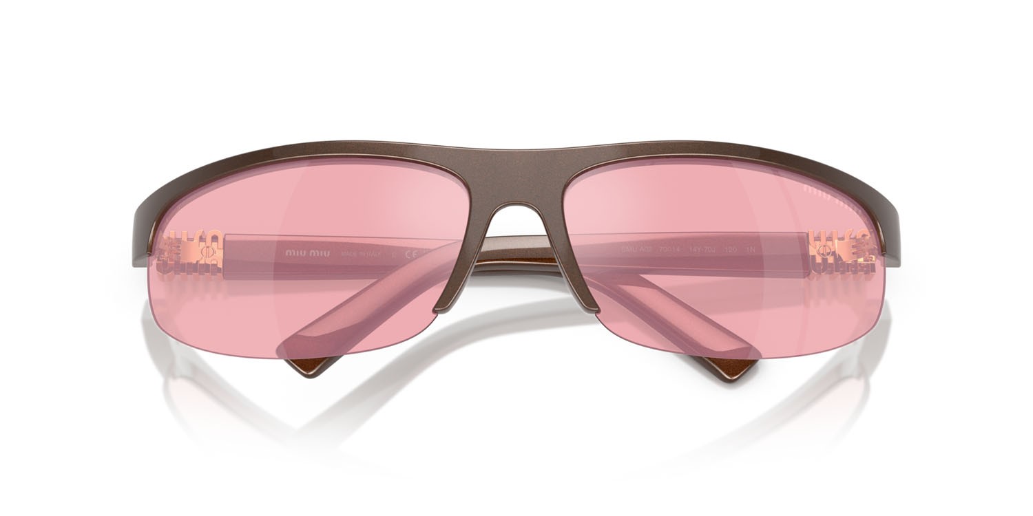 Occhiali da sole Miu Miu MU A02S (14Y70J) colore cacao metallizzato forma ovale lenti specchiata rosa