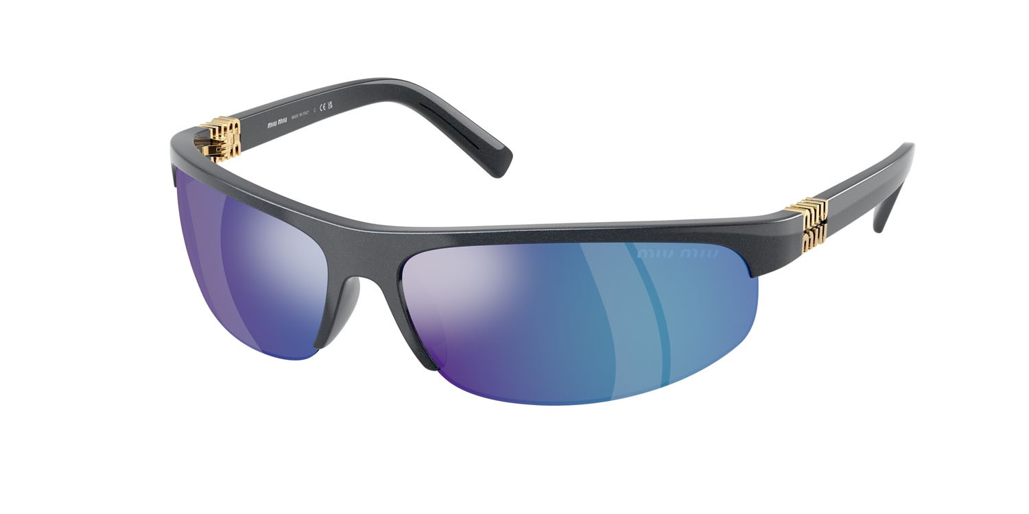 Occhiali da sole Miu Miu MU A02S (19Y10K) colore avio metallizzato forma ovale lenti verde chiaro specchiato blu