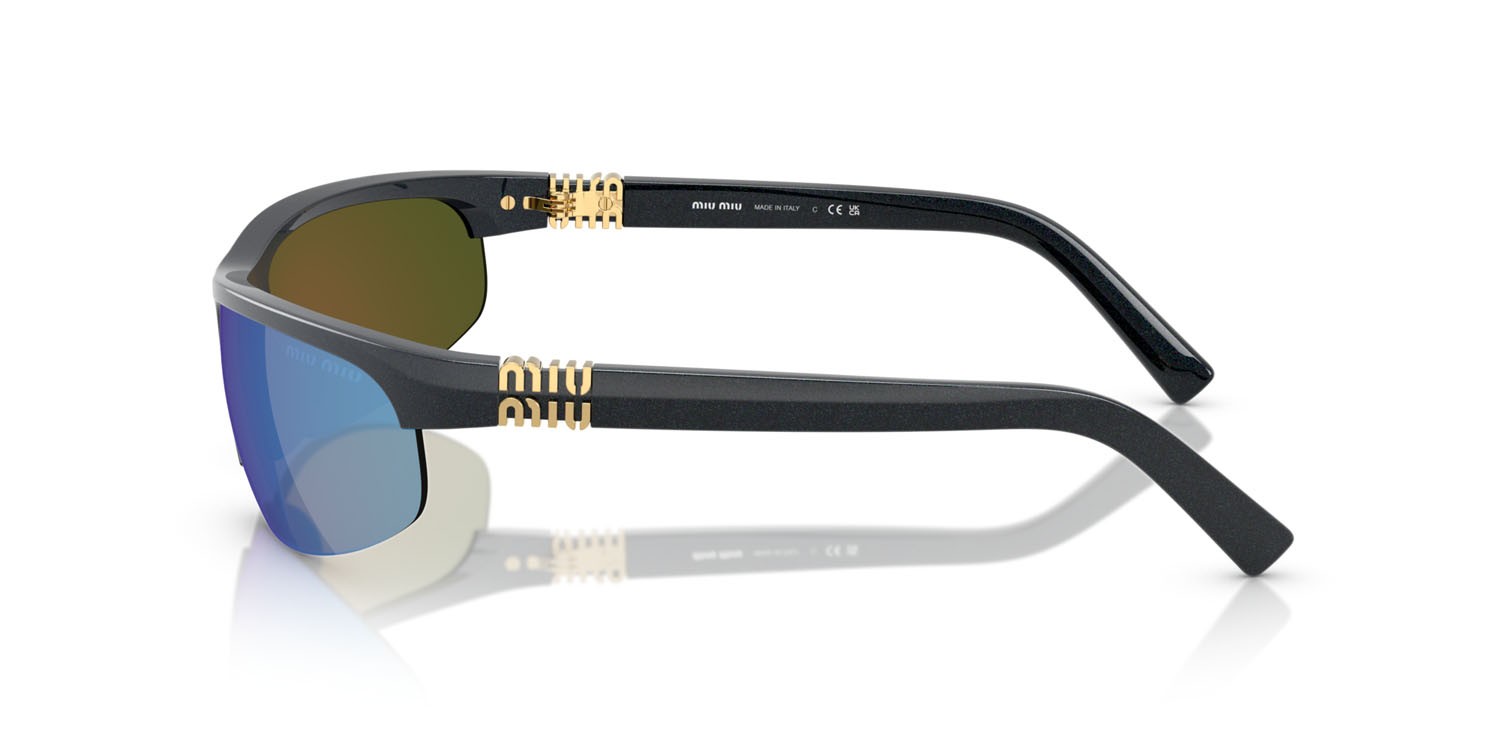 Occhiali da sole Miu Miu MU A02S (19Y10K) colore avio metallizzato forma ovale lenti verde chiaro specchiato blu