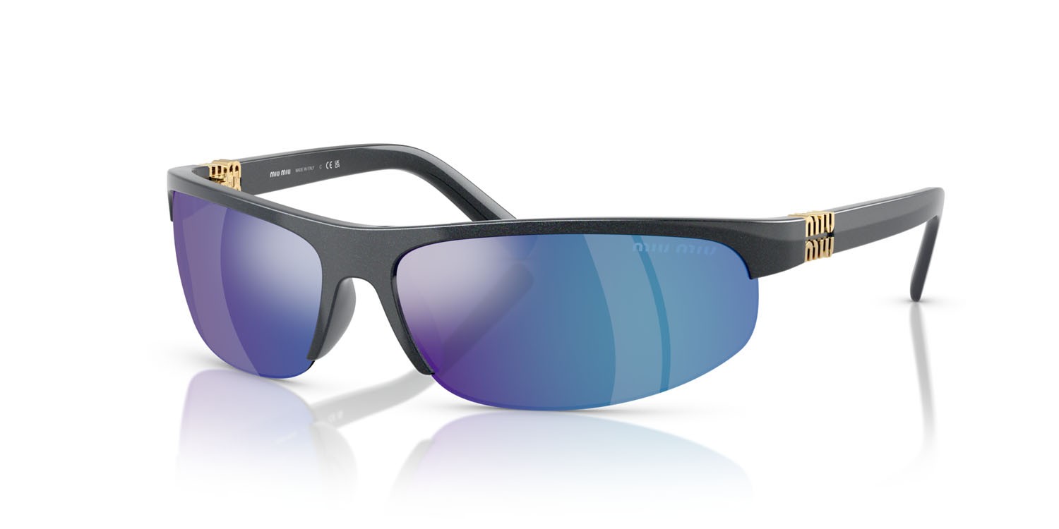 Occhiali da sole Miu Miu MU A02S (19Y10K) colore avio metallizzato forma ovale lenti verde chiaro specchiato blu