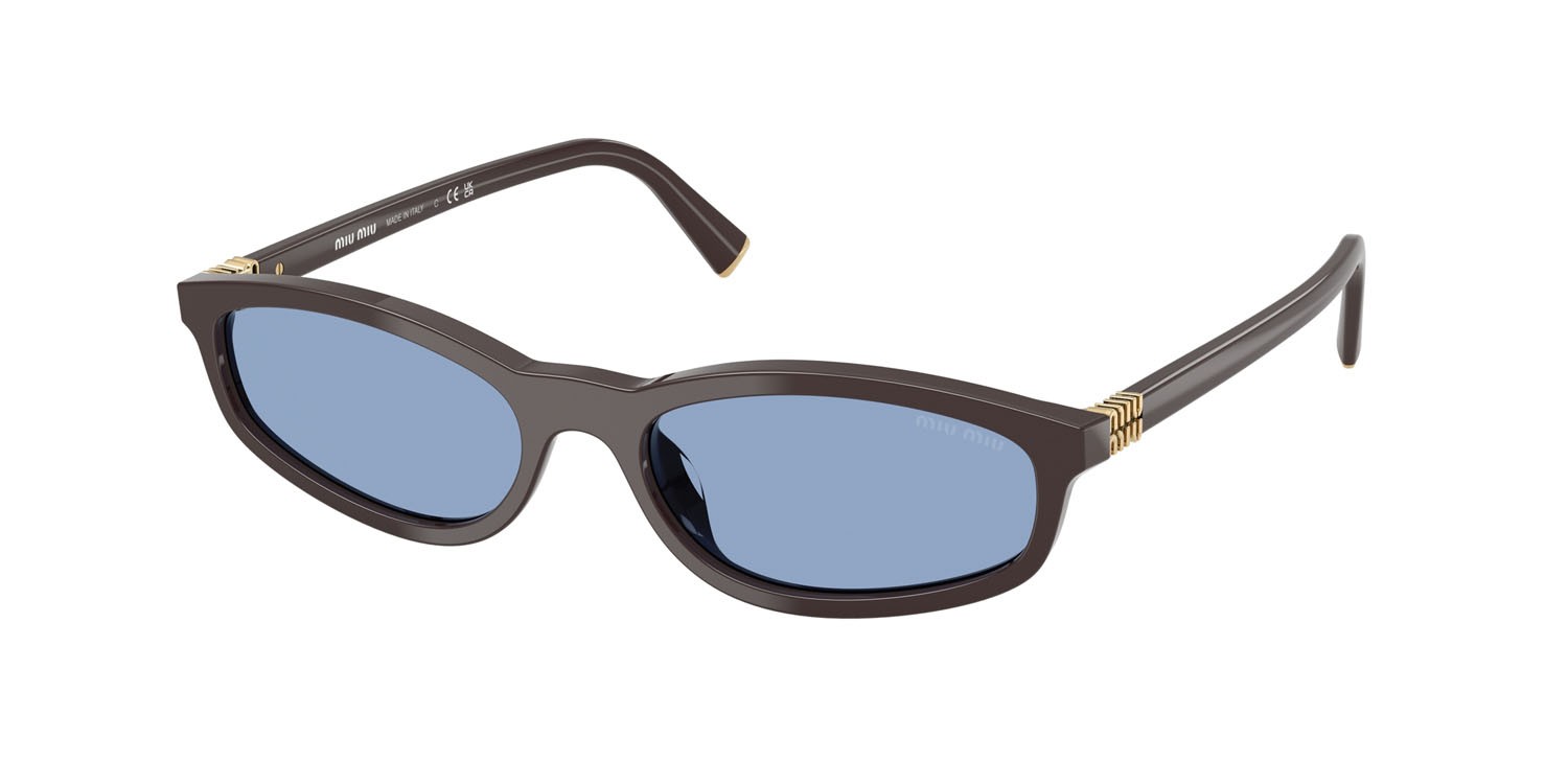 Occhiali da sole Miu Miu MU A06S (22C60O) colore moka forma irregolare lenti azzurro