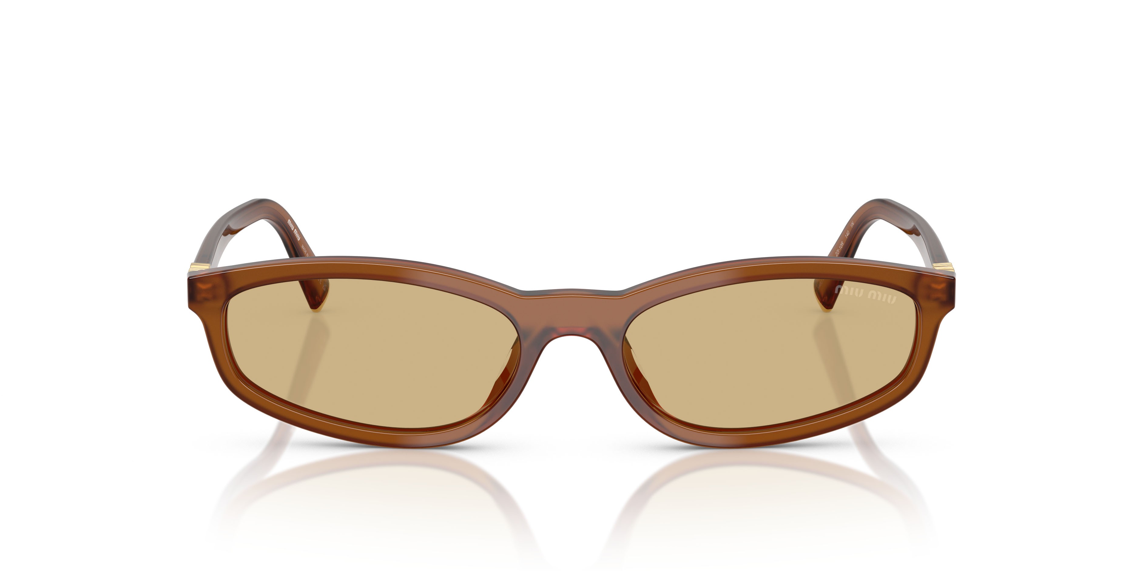 Occhiali da sole Miu Miu MU A06S (22I10R) colore ambra opalino forma irregolare lenti giallo