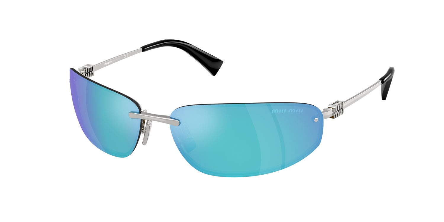 Occhiali da sole Miu Miu MU A50S (1BC10K) colore argento forma ovale lenti verde chiaro specchiato blu