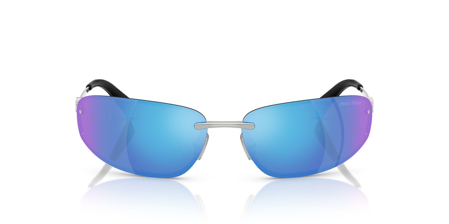 Occhiali da sole Miu Miu MU A50S (1BC10K) colore argento forma ovale lenti verde chiaro specchiato blu