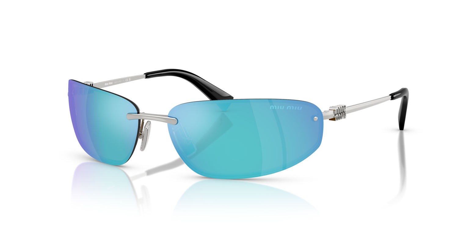 Occhiali da sole Miu Miu MU A50S (1BC10K) colore argento forma ovale lenti verde chiaro specchiato blu