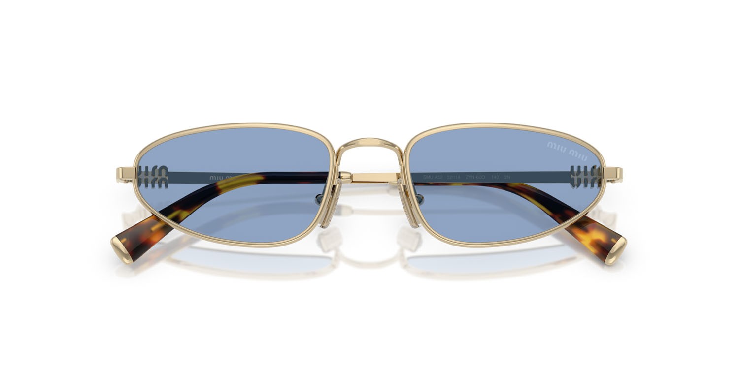 Occhiali da sole Miu Miu MU A52S (ZVN60O) colore oro pallido forma irregolare lenti azzurro