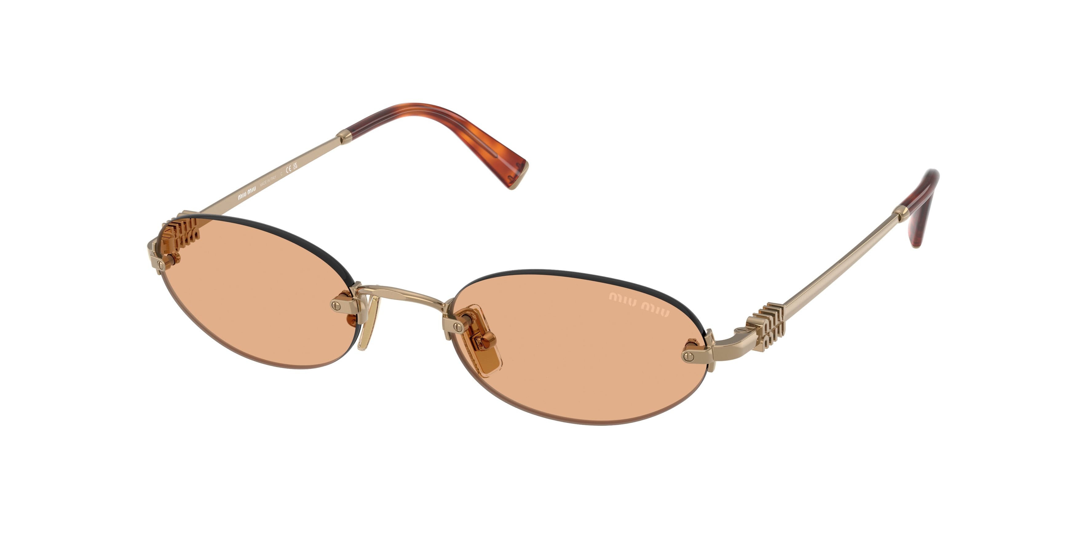 Occhiali da sole Miu Miu MU A54S (7OE90X) colore ottone forma ovale lenti arancione