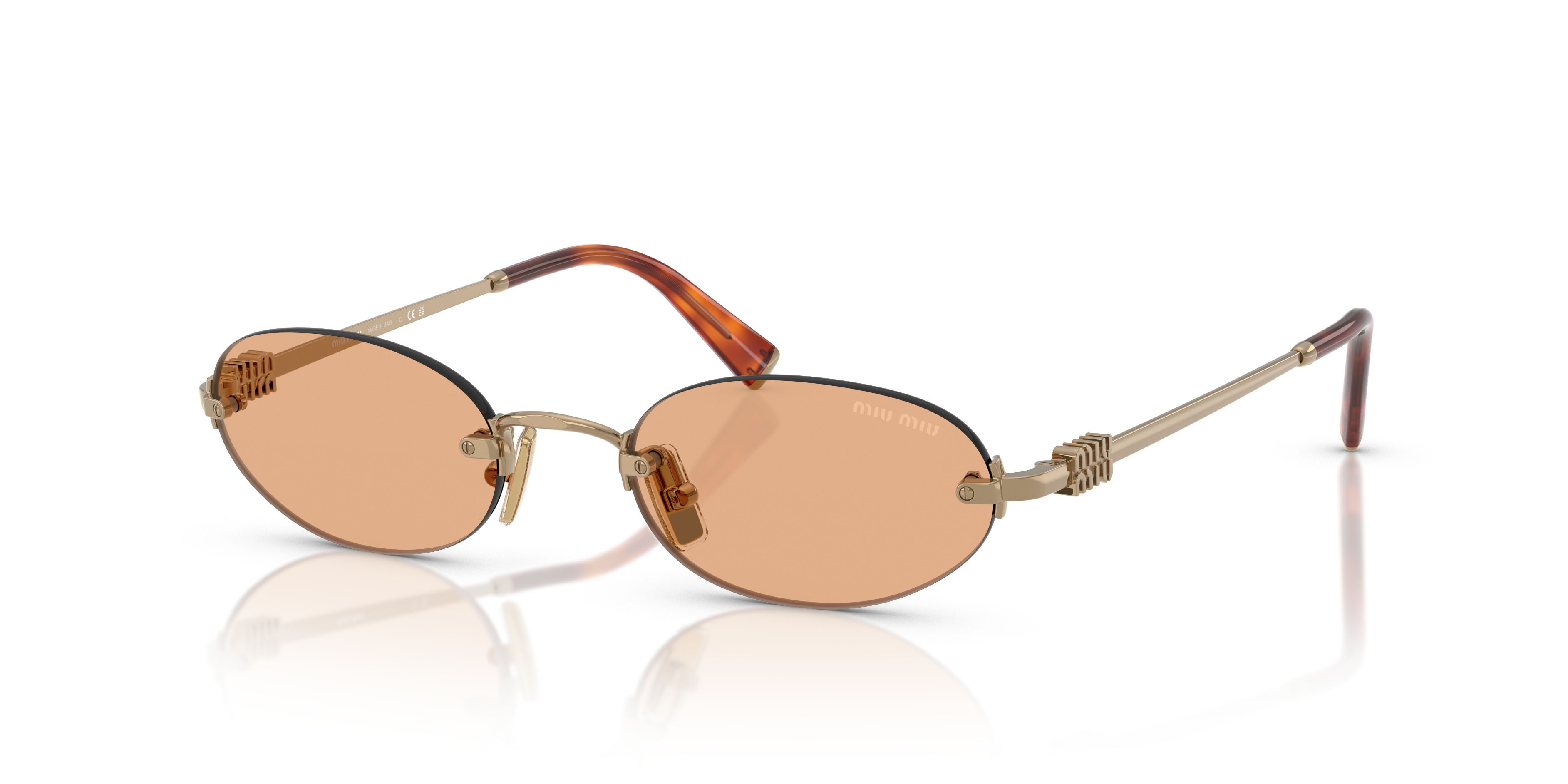 Occhiali da sole Miu Miu MU A54S (7OE90X) colore ottone forma ovale lenti arancione