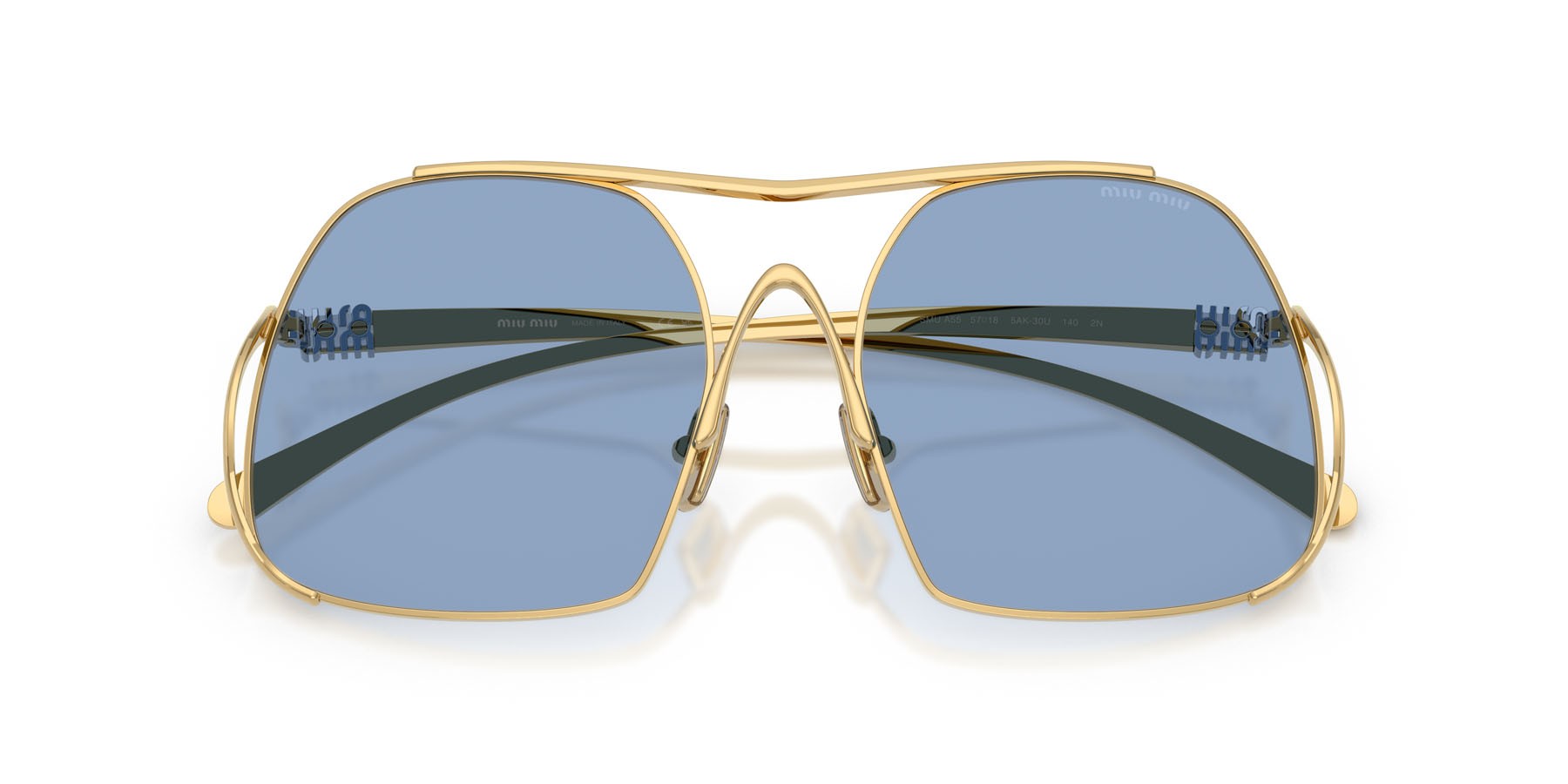 Occhiali da sole Miu Miu MU A55S (5AK30U) colore oro forma quadrato lenti azzurro