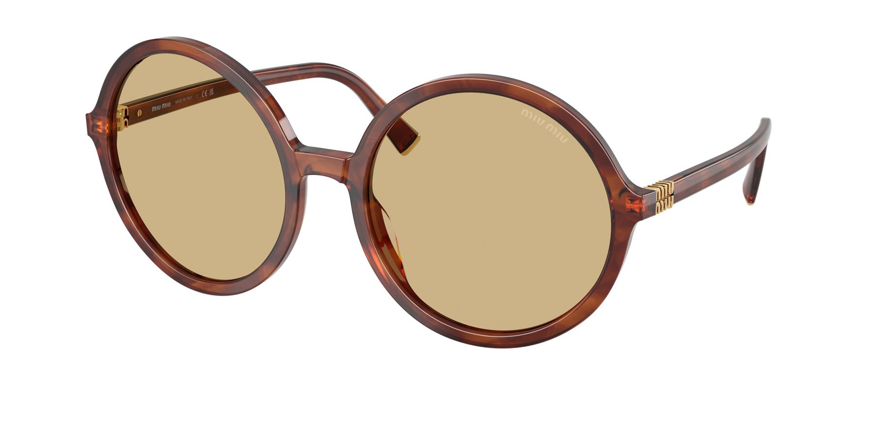 Occhiali da sole Miu Miu MU B02S (26E10R) colore tabacco striato forma rotondo lenti giallo