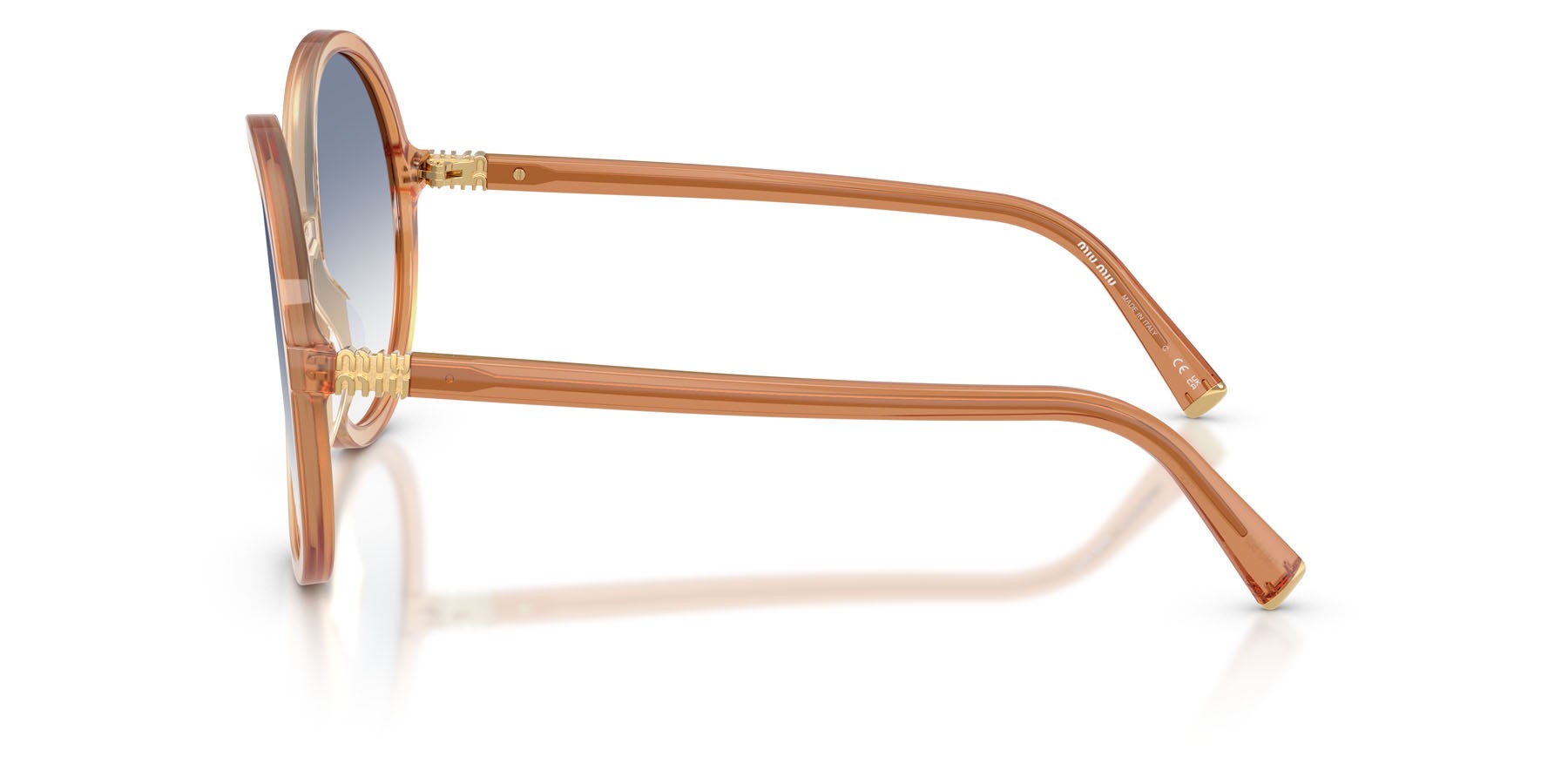 Occhiali da sole Miu Miu MU B02S (26G80O) colore brown gradient brandy forma rotondo lenti trasparente sfumato azzurro