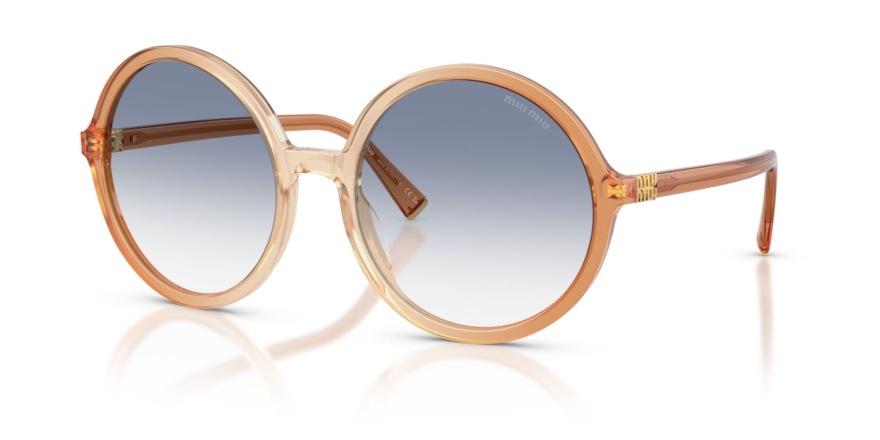 Occhiali da sole Miu Miu MU B02S (26G80O) colore brown gradient brandy forma rotondo lenti trasparente sfumato azzurro