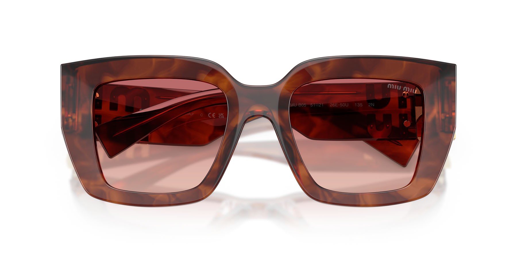 Occhiali da sole Miu Miu MU B05S (26E50U) colore tabacco striato forma quadrato lenti rosa sfumato rosso