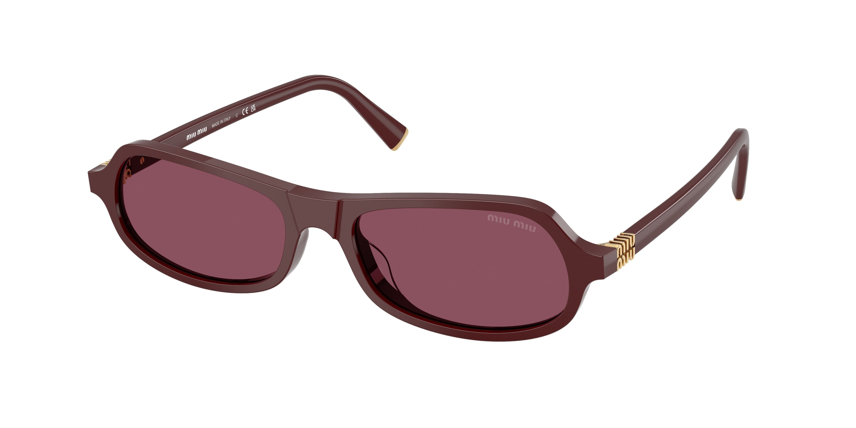 Occhiali da sole Miu Miu MU B10SU (26L20Y) colore rosso ciliegia forma irregolare lenti violetto scuro