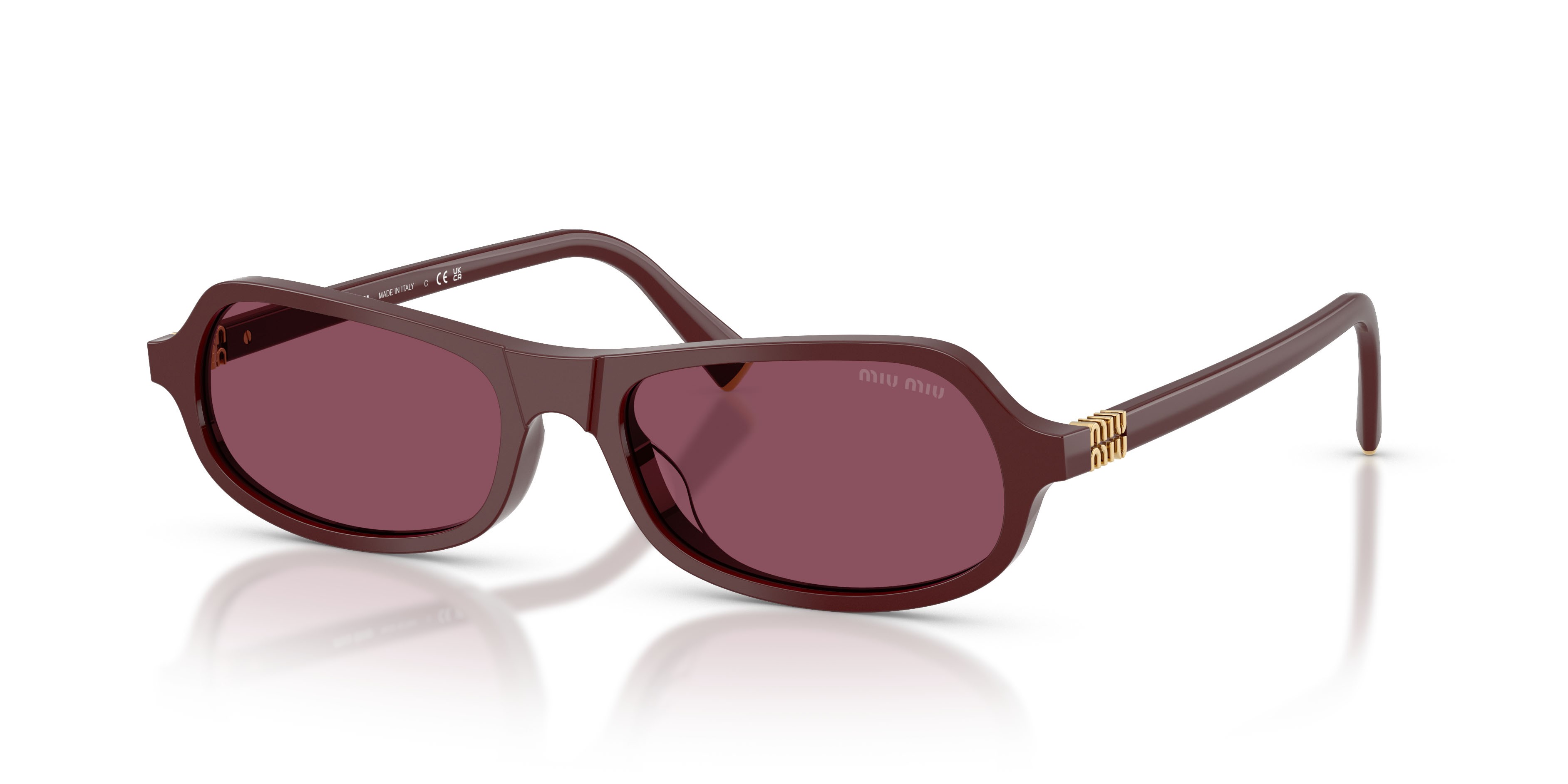 Occhiali da sole Miu Miu MU B10SU (26L20Y) colore rosso ciliegia forma irregolare lenti violetto scuro