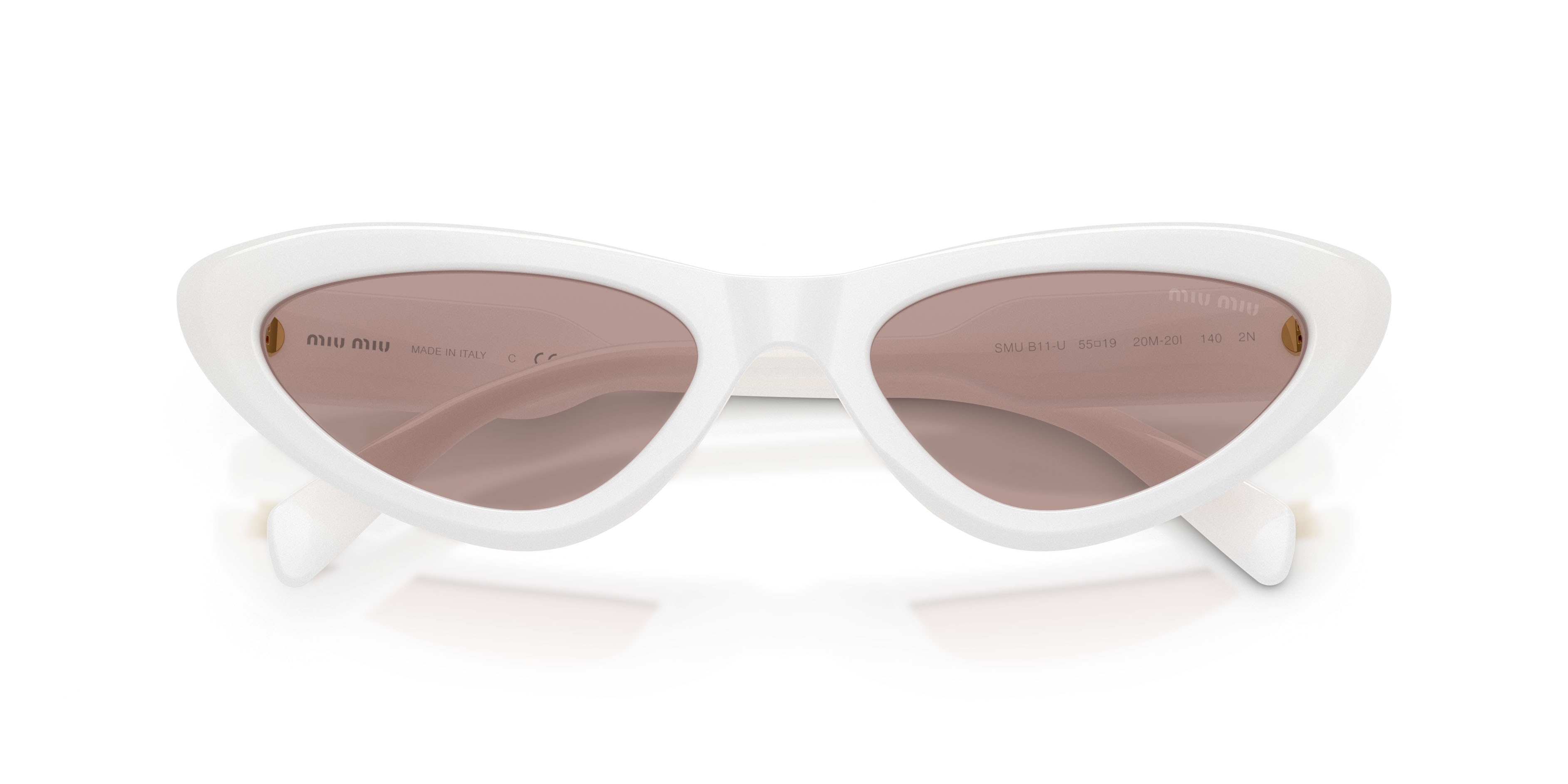Occhiali da sole Miu Miu MU B11SU (20M20I) colore bianco opalino forma cat eye lenti viola chiaro/marrone