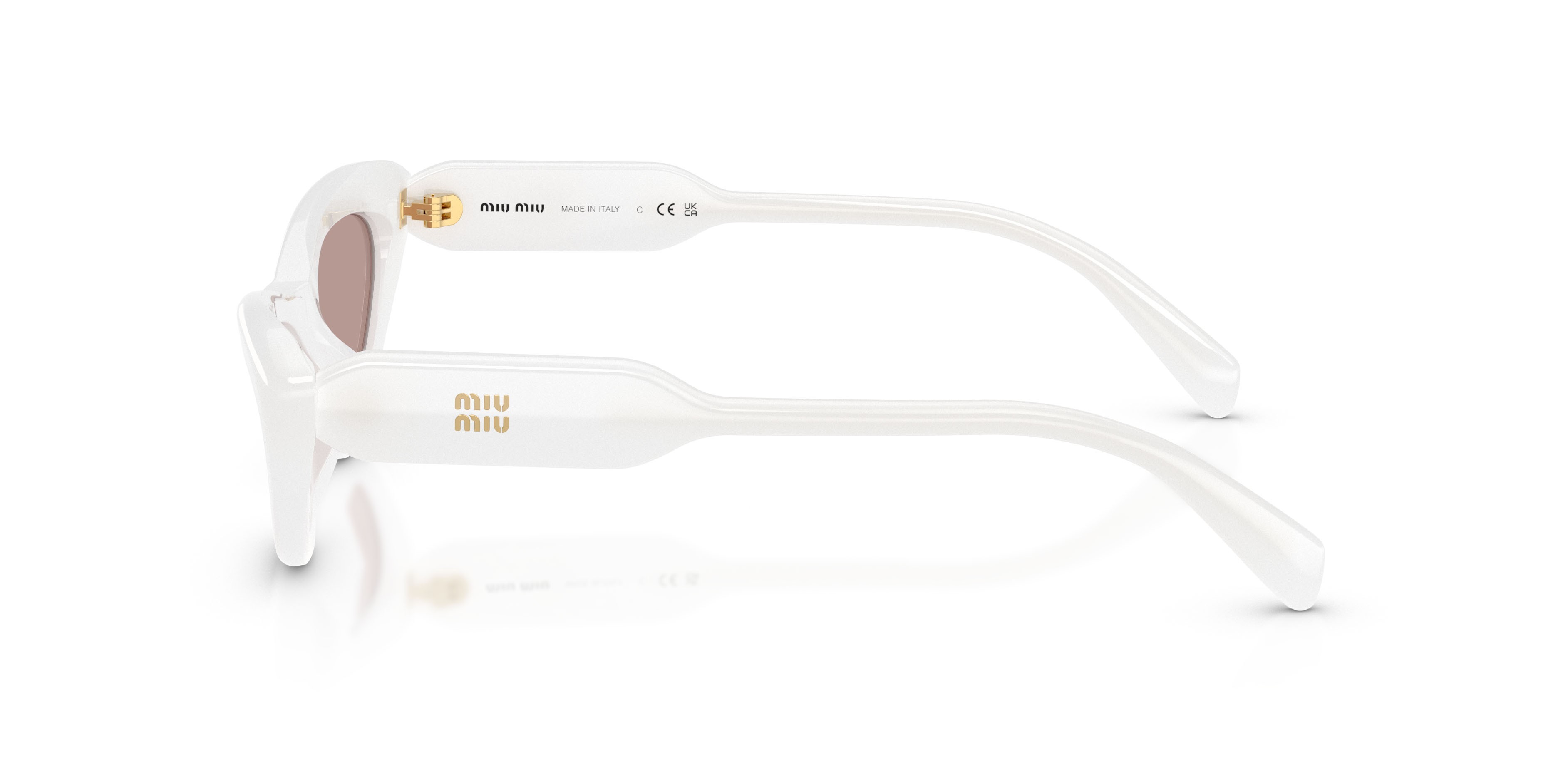 Occhiali da sole Miu Miu MU B11SU (20M20I) colore bianco opalino forma cat eye lenti viola chiaro/marrone