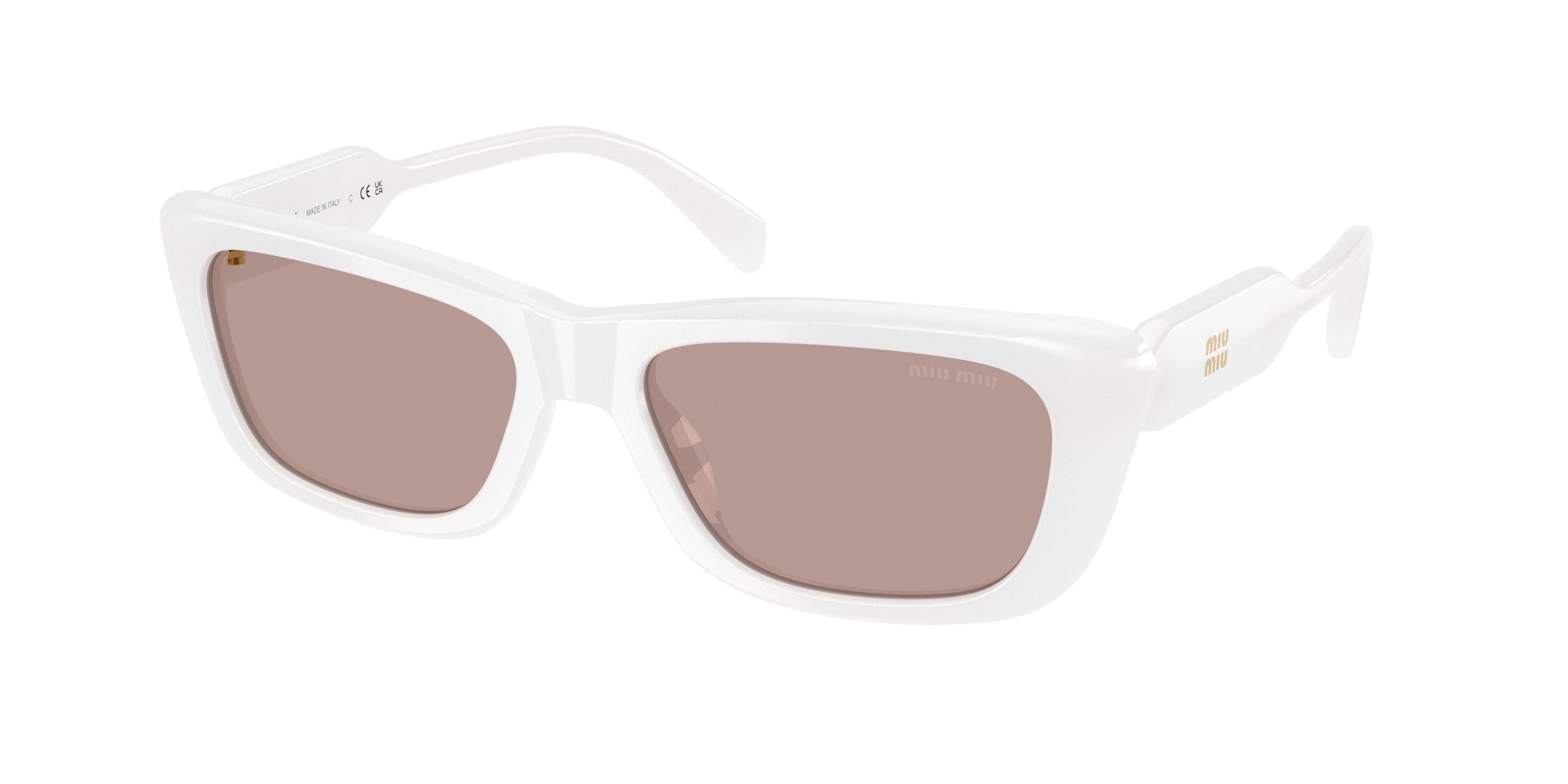 Occhiali da sole Miu Miu MU B12S (20M20I) colore bianco opalino forma rettangolare lenti viola chiaro/marrone