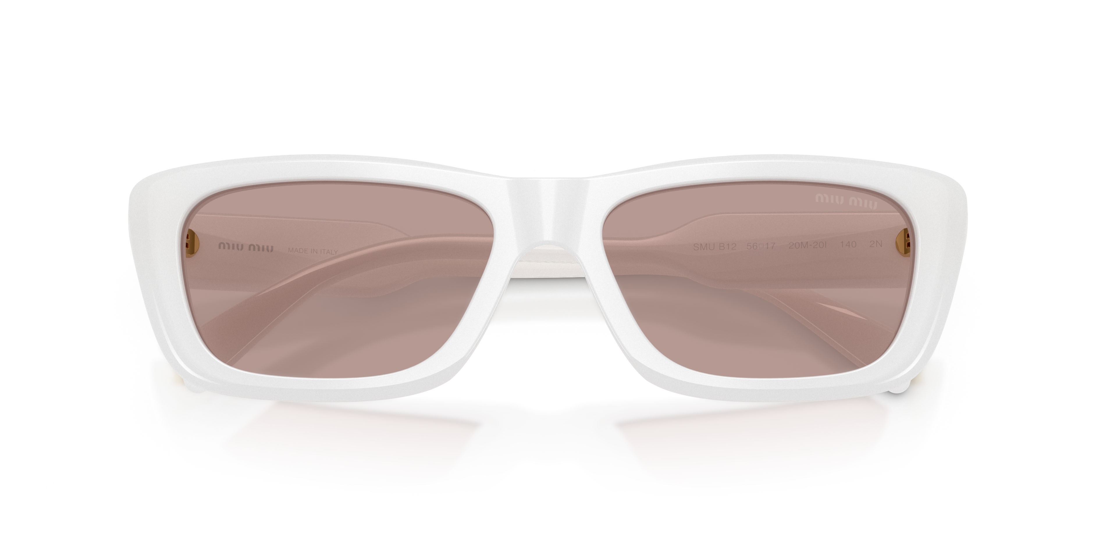 Occhiali da sole Miu Miu MU B12S (20M20I) colore bianco opalino forma rettangolare lenti viola chiaro/marrone