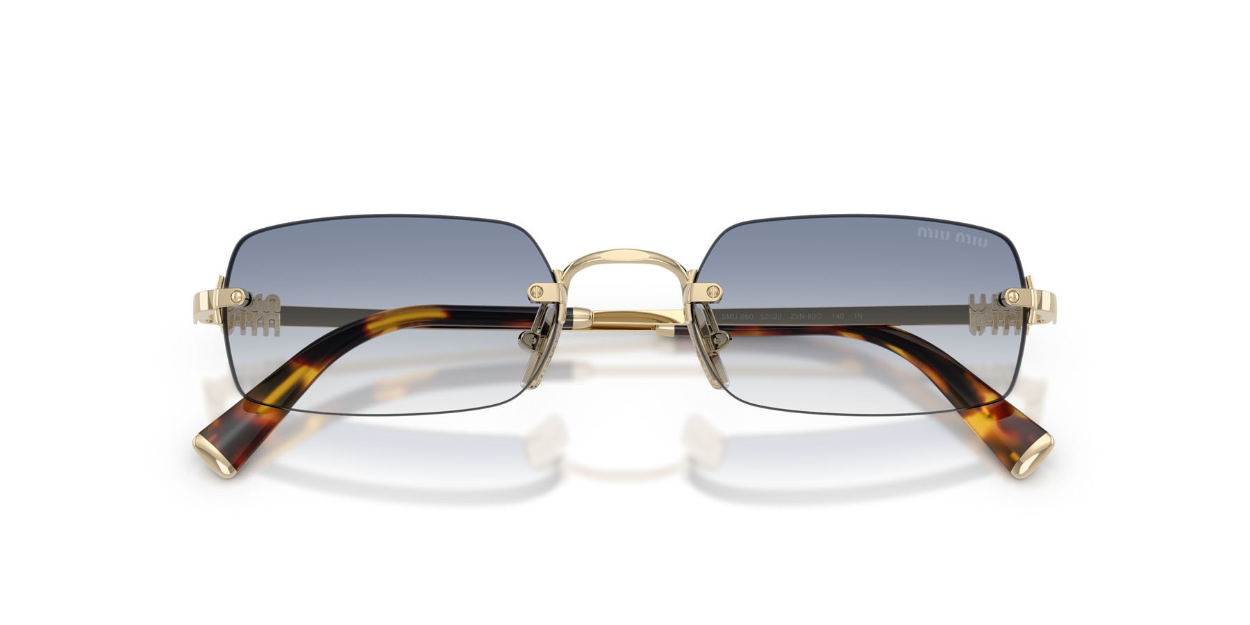 Sunglasses Miu Miu MU B50S (ZVN80O) color oro pallido shape rectangle lenses trasparente sfumato azzurro
