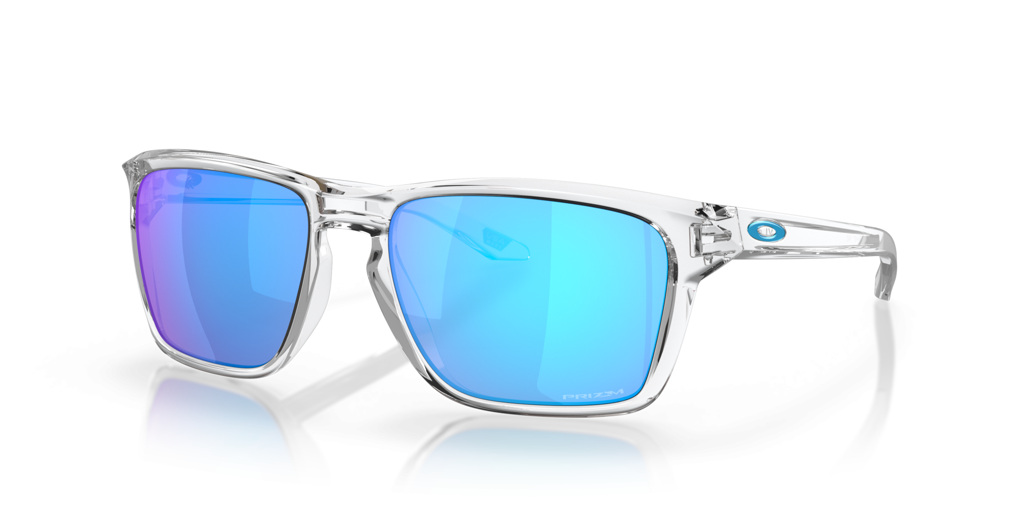 Occhiali da sole Oakley Sylas OO 9448 (944804) colore polished clear forma rettangolare lenti prizm sapphire