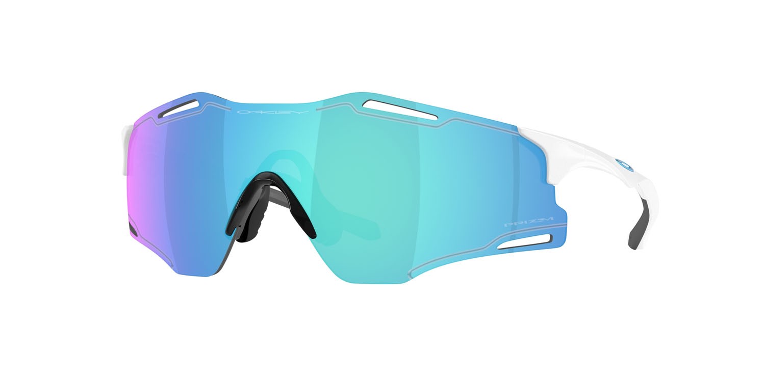 Sonnenbrillen Oakley Cybr Zero OO 9512D (951202) farbe bianco lucido form rechteckig gläser prizm sapphire
