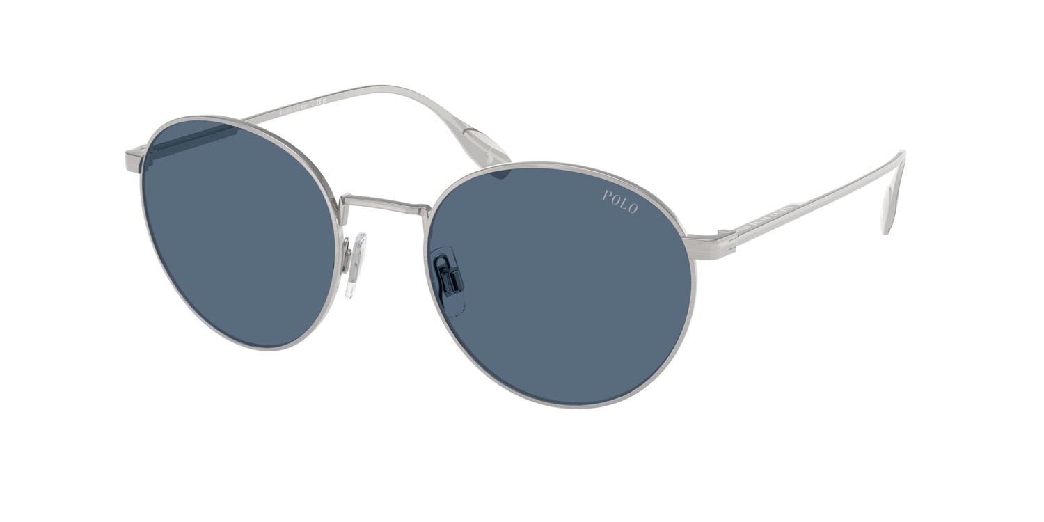 Sunglasses Polo PH 3158 (942380) color argento spazzolato shape round lenses blu scuro