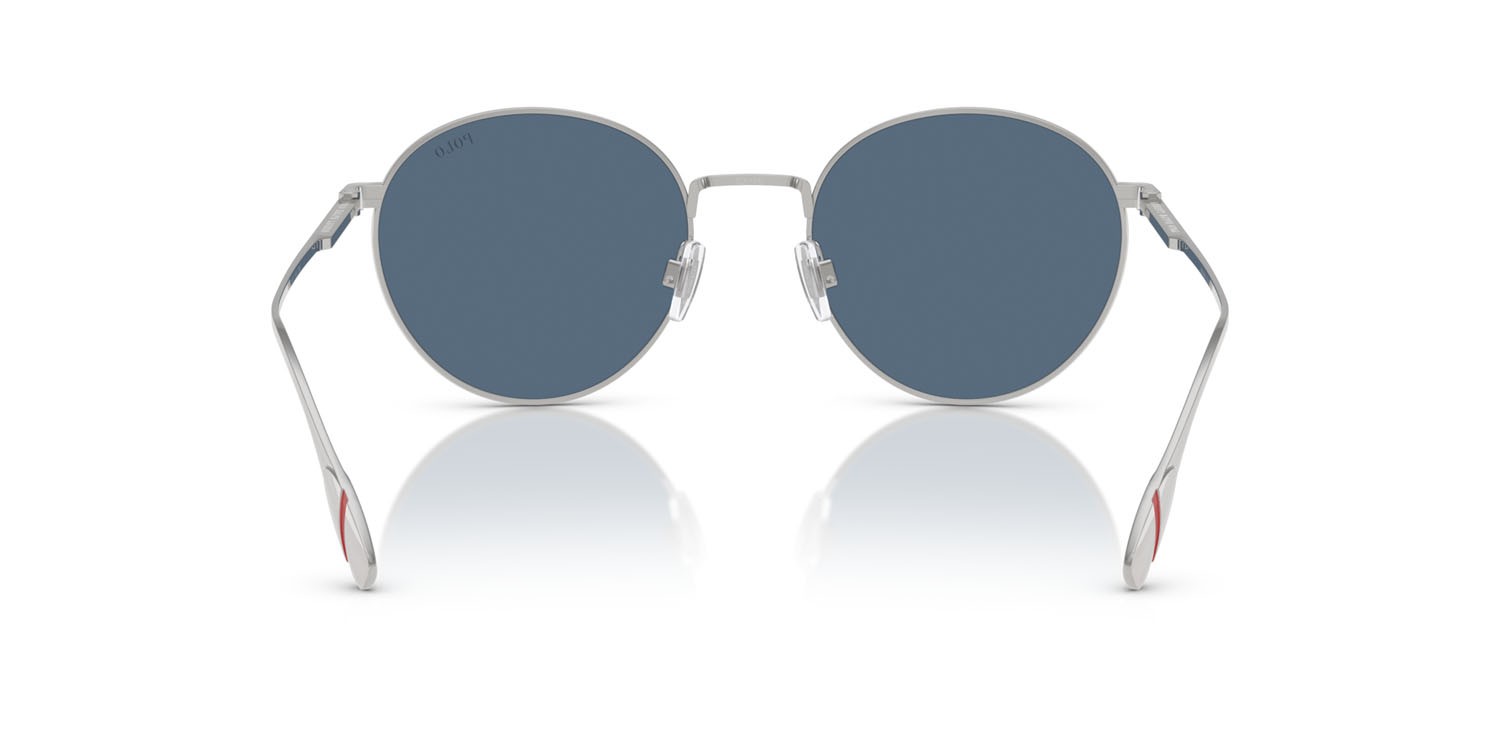 Sunglasses Polo PH 3158 (942380) color argento spazzolato shape round lenses blu scuro