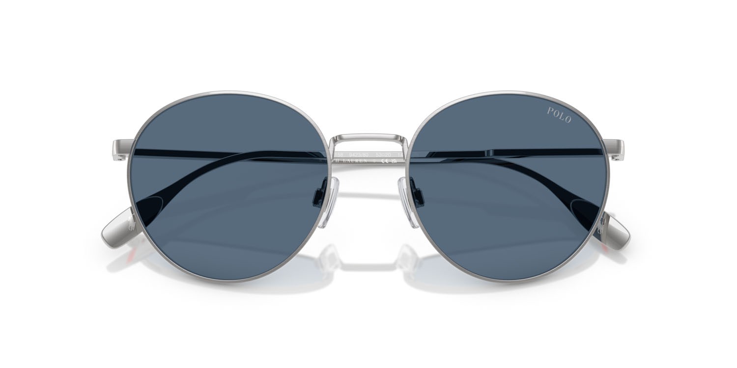 Sunglasses Polo PH 3158 (942380) color argento spazzolato shape round lenses blu scuro