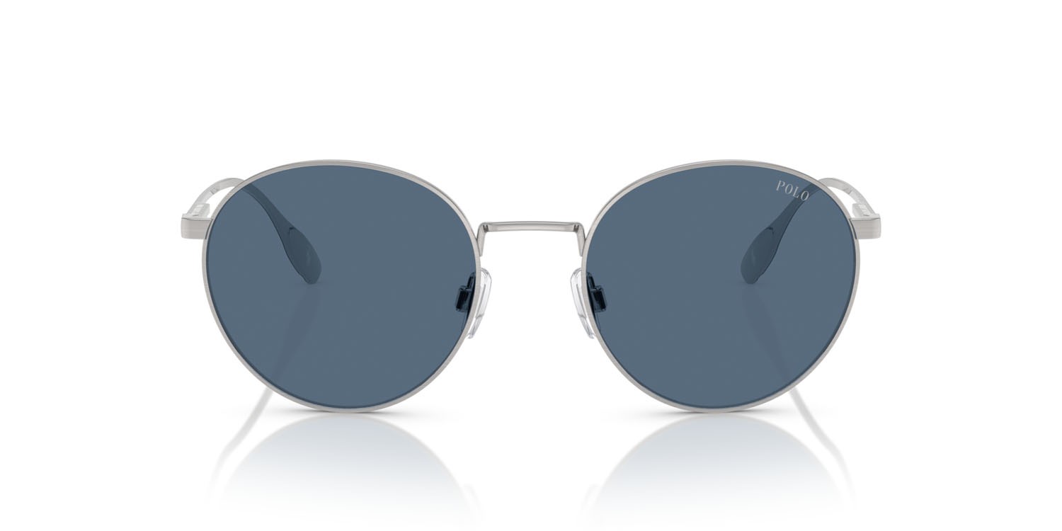 Sunglasses Polo PH 3158 (942380) color argento spazzolato shape round lenses blu scuro
