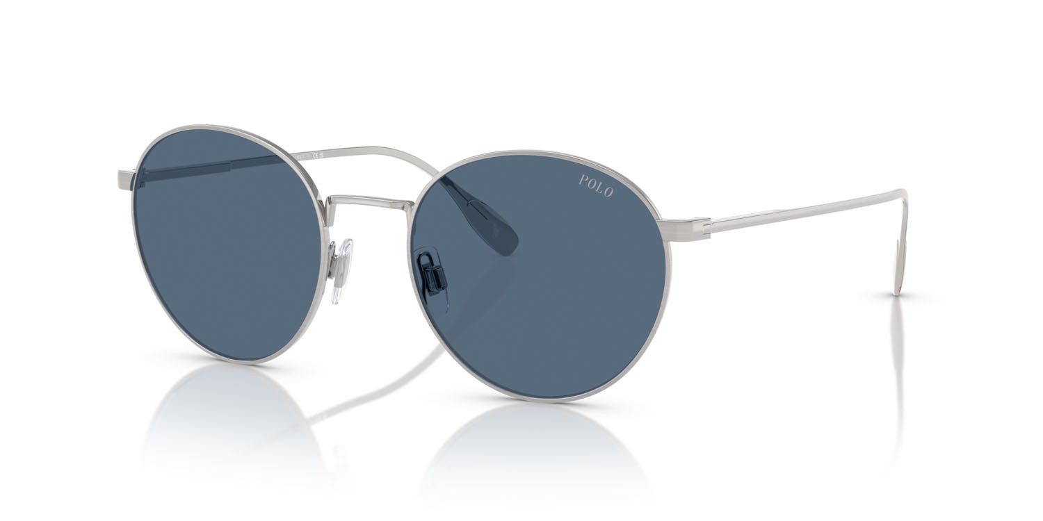 Sunglasses Polo PH 3158 (942380) color argento spazzolato shape round lenses blu scuro