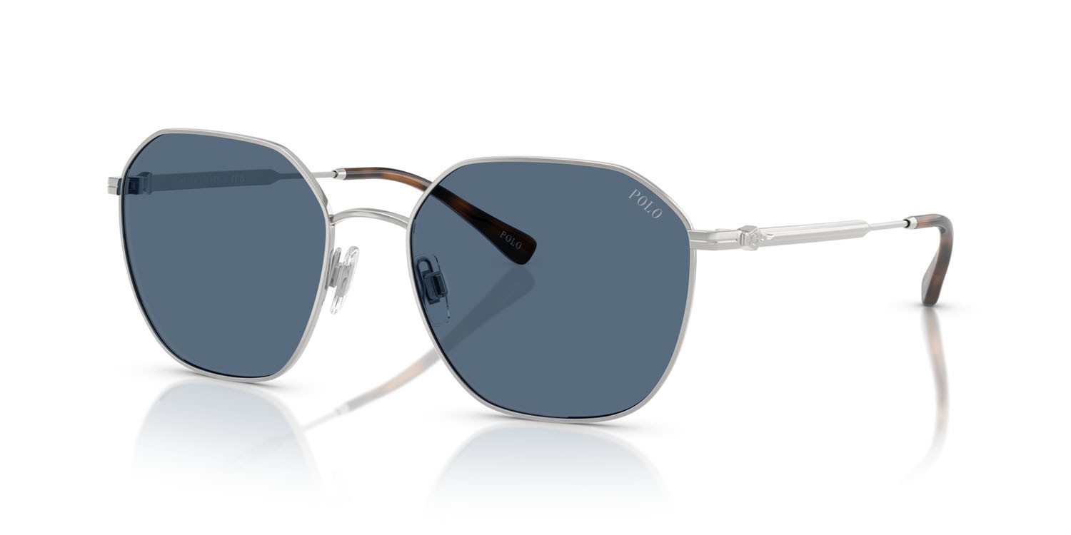 Occhiali da sole Polo PH 3160 (900180) colore argento lucido forma irregolare lenti blu scuro