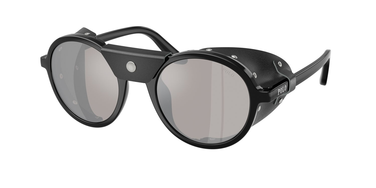 Occhiali da sole Polo PH 4216QU (50016G) colore nero lucido forma rotondo lenti grigio chiaro specchiato argento