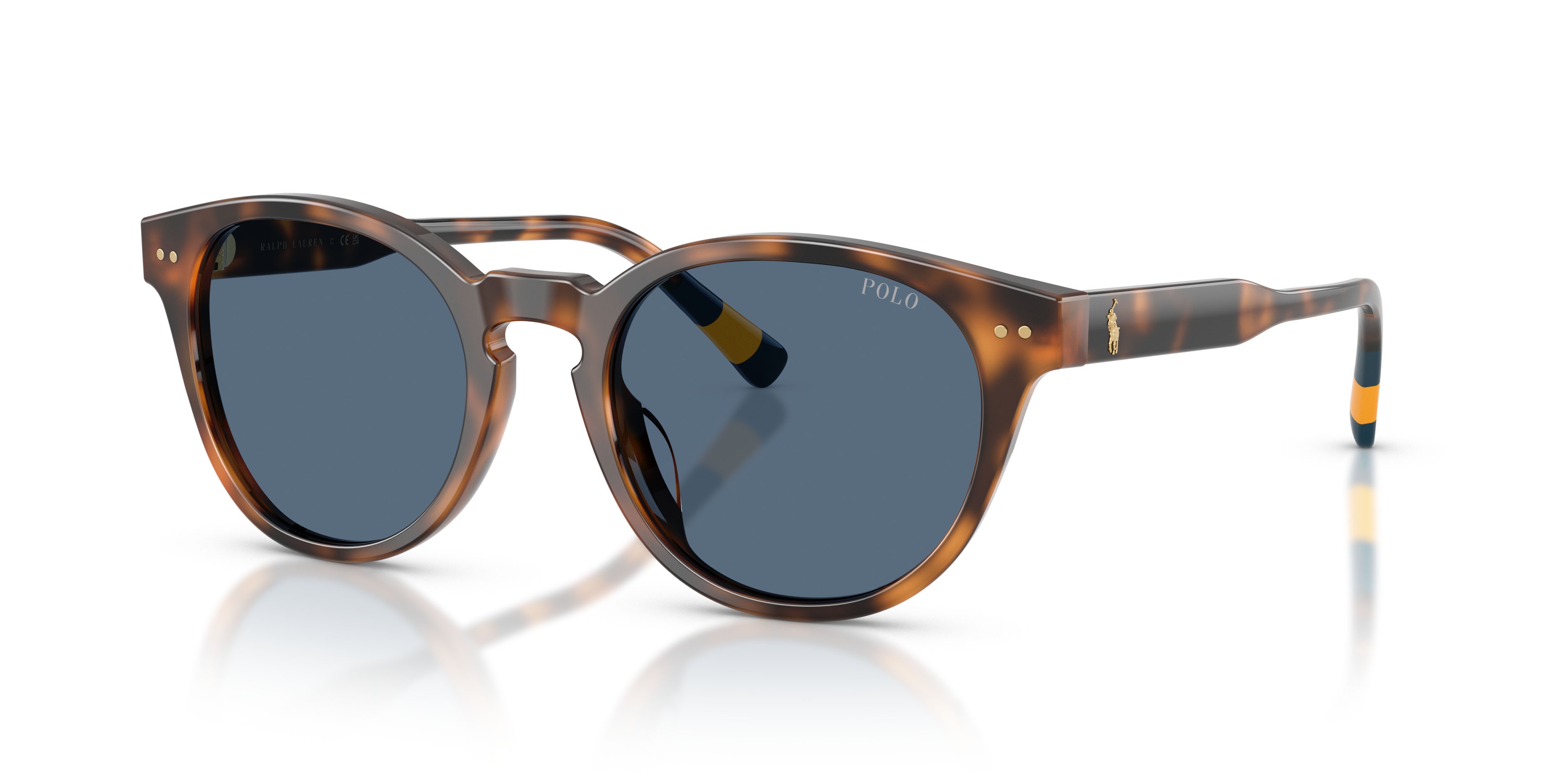 Sunglasses Polo PH 4241U (608980) color rosso lucido havana shape round lenses blu scuro