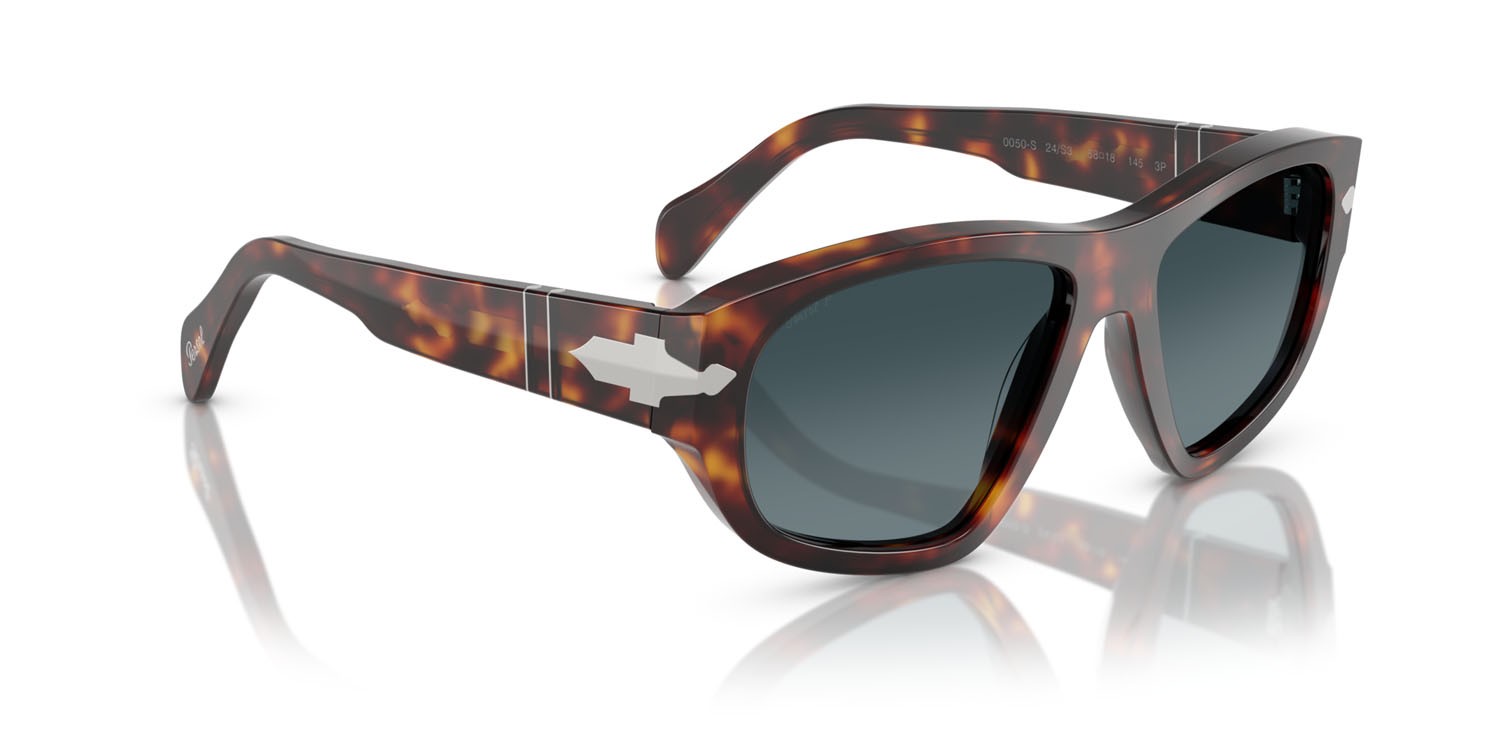 Occhiali da sole Persol PO 0050S (24/S3) colore havana forma irregolare lenti celeste sfumato blu scuro